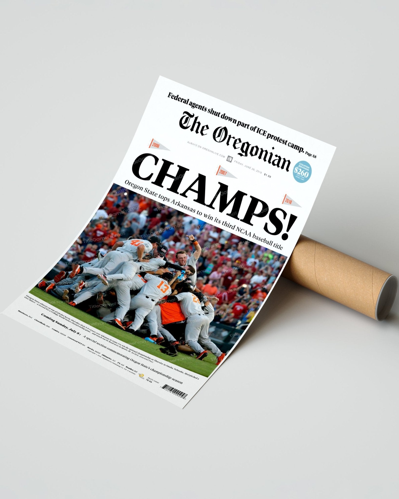 2018 Oregon State Beavers College Baseball World Series Champions Framed Front Page Newspaper Print - Title Game Frames