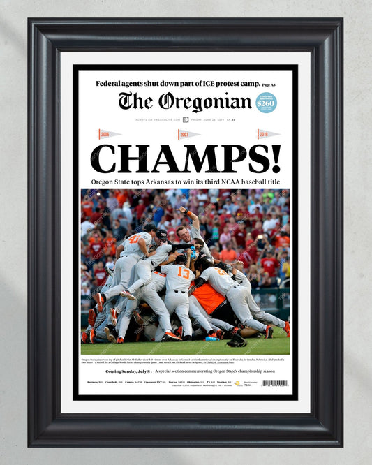 2018 Oregon State Beavers College Baseball World Series Champions Framed Front Page Newspaper Print - Title Game Frames