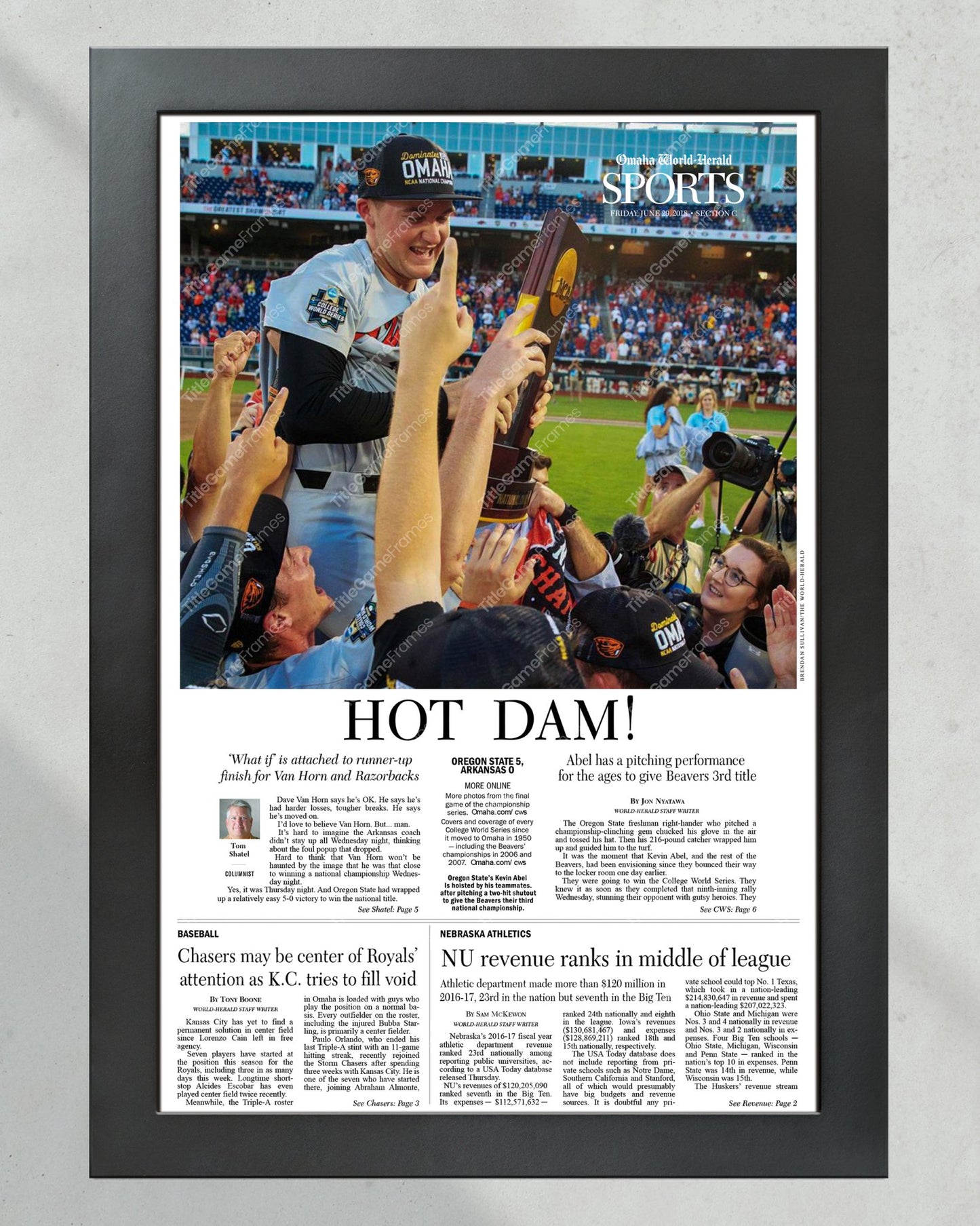 2018 Oregon State Beavers College Baseball World Series Champions 'HOT DAM!' Framed Newspaper - Title Game Frames