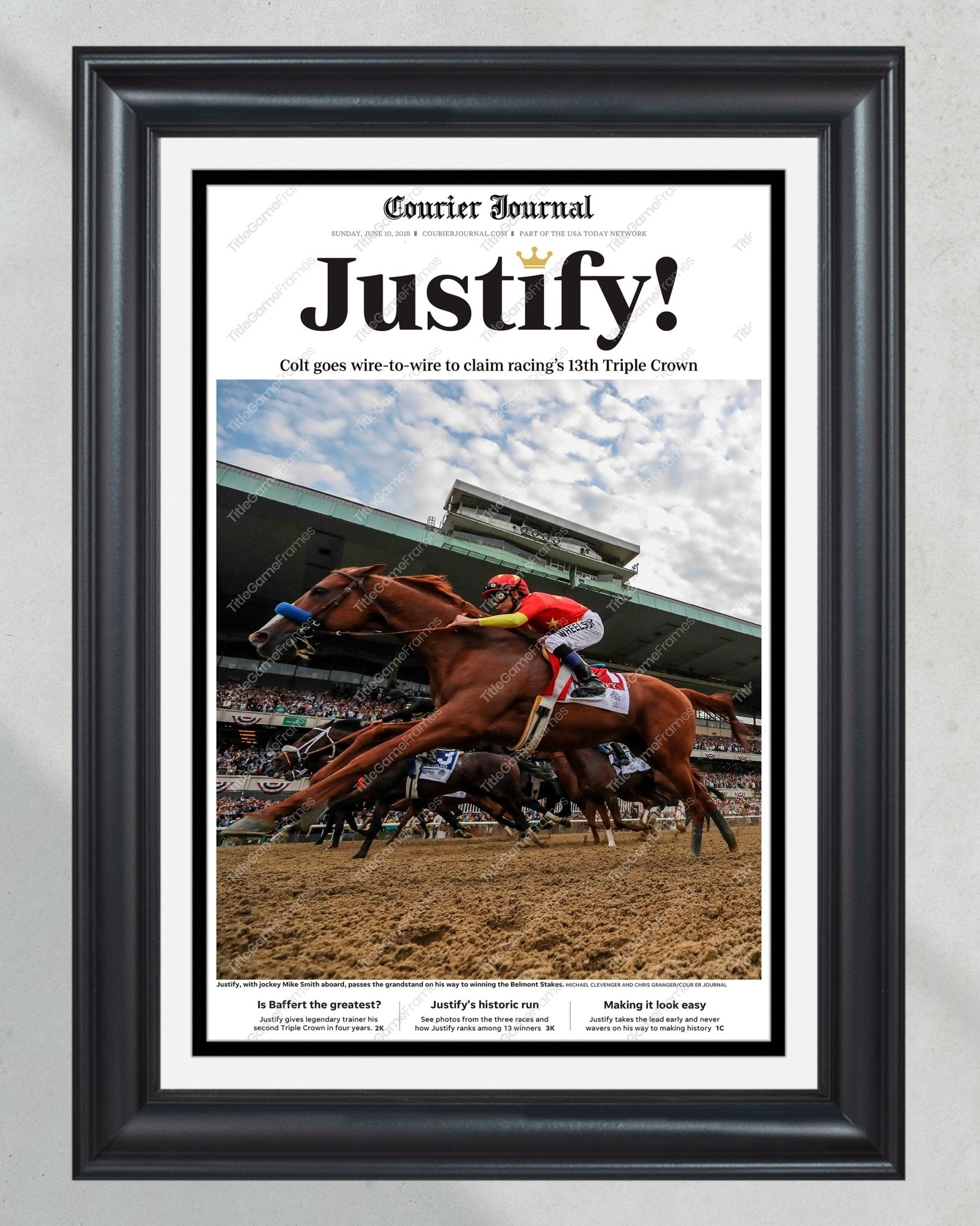 2018 Triple Crown Winner Justify Framed Front Page Newspaper Print - Title Game Frames