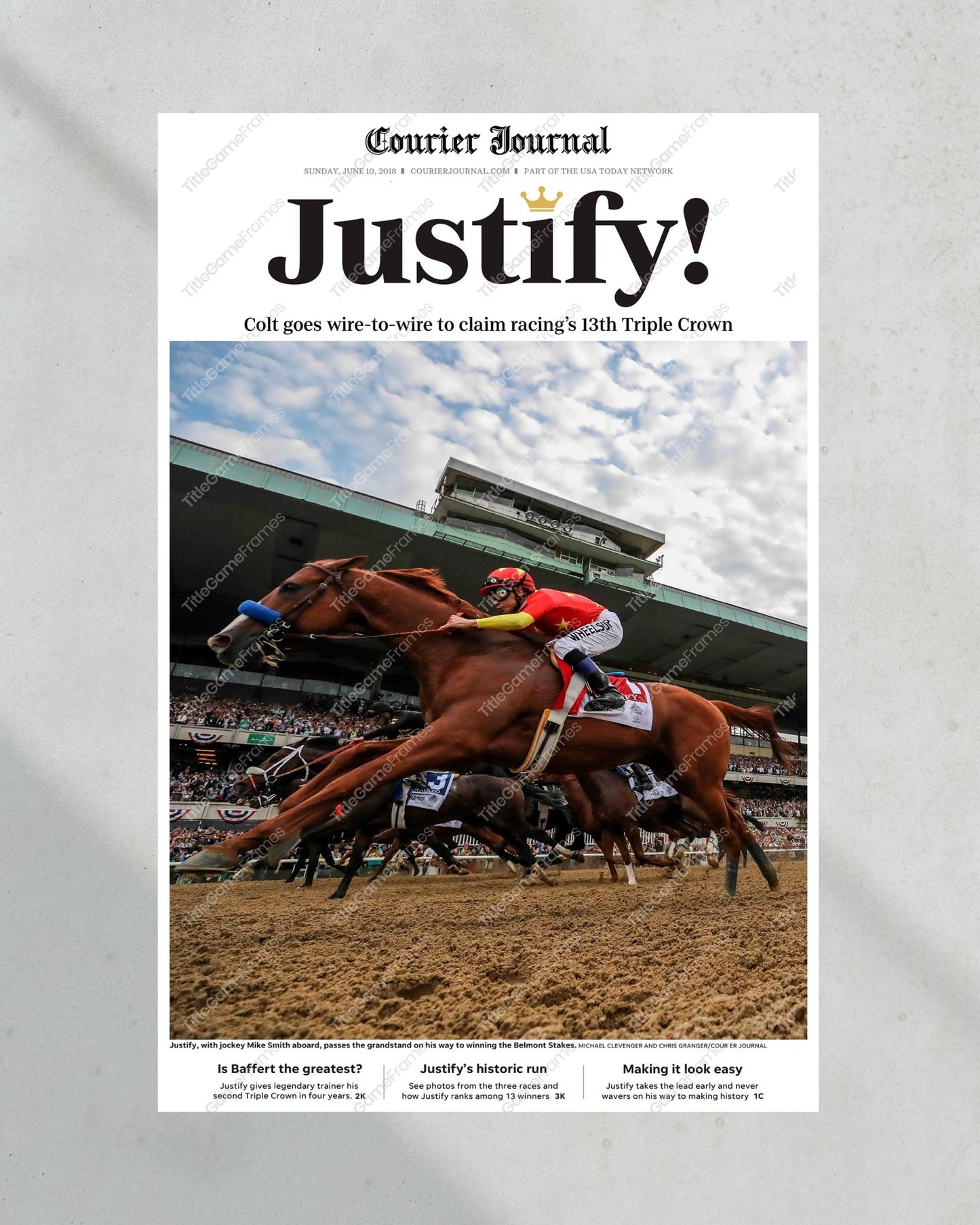 2018 Triple Crown Winner Justify Framed Front Page Newspaper Print - Title Game Frames