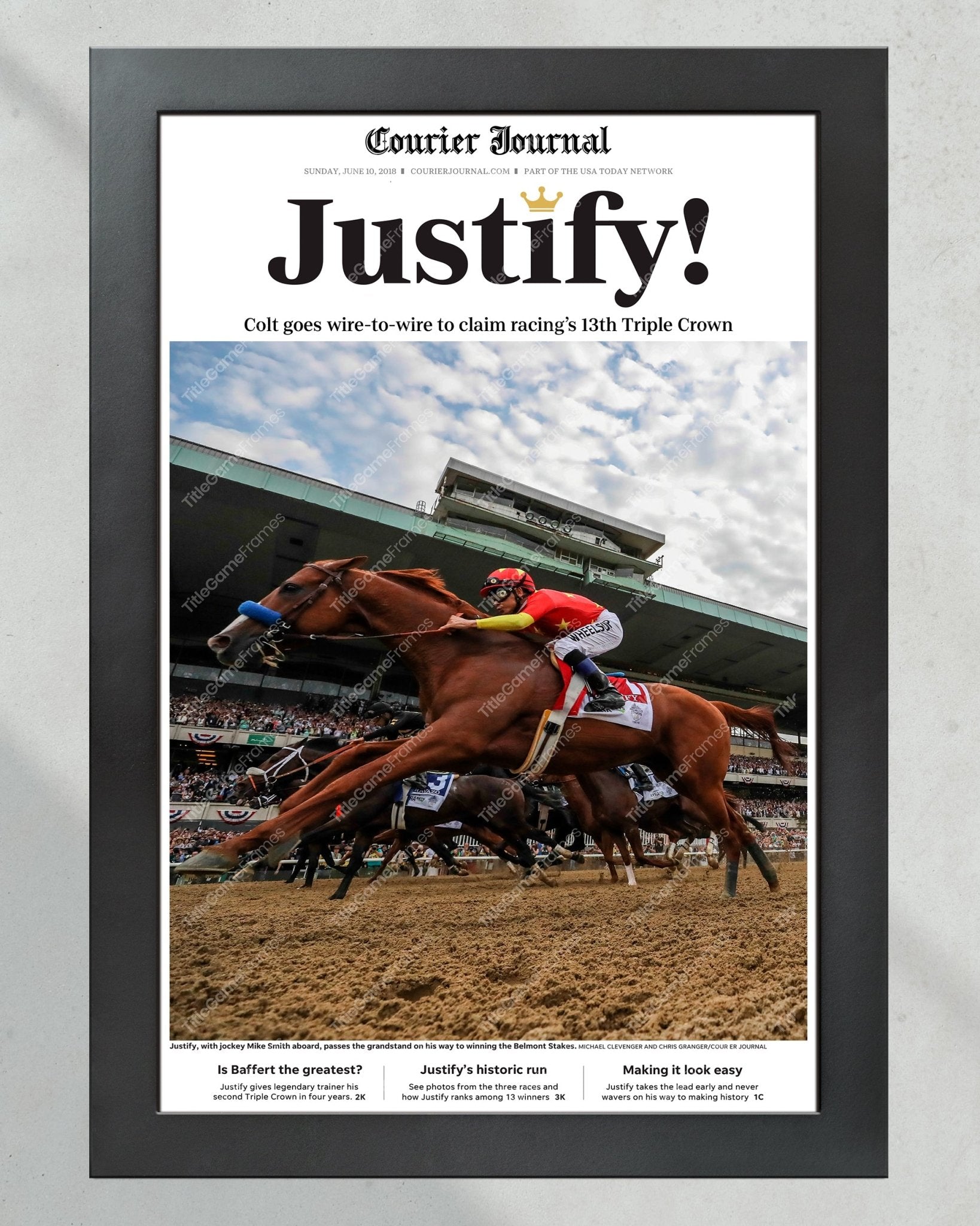 2018 Triple Crown Winner Justify Framed Front Page Newspaper Print - Title Game Frames