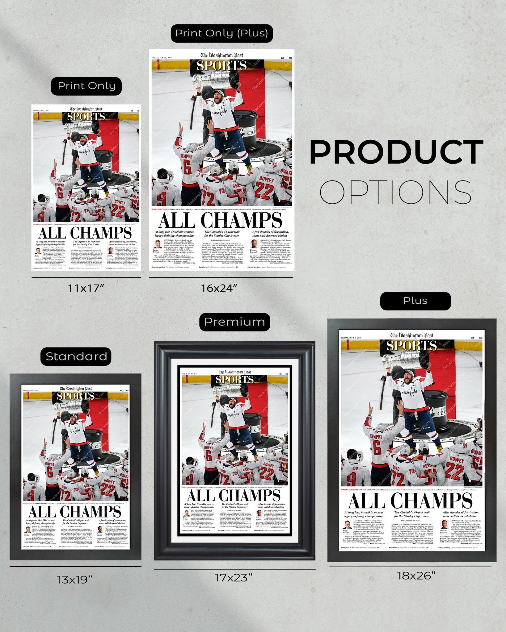 2018 Washington Capitals "All Champs" Stanley Cup Champions Framed Front Page Newspaper Print - Title Game Frames