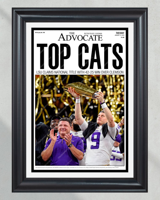 2019 LSU Tigers National Champions "Top Cats" Framed Front Page Newspaper Print - Title Game Frames