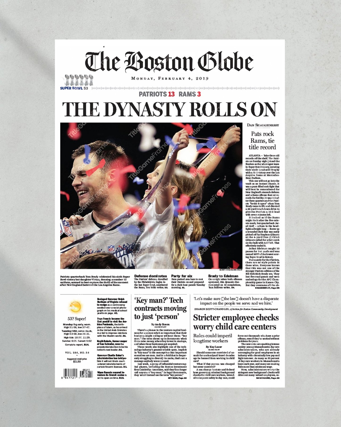 2019 New England Patriots Super Bowl Framed Newspaper Front Page Newspaper Print - Title Game Frames