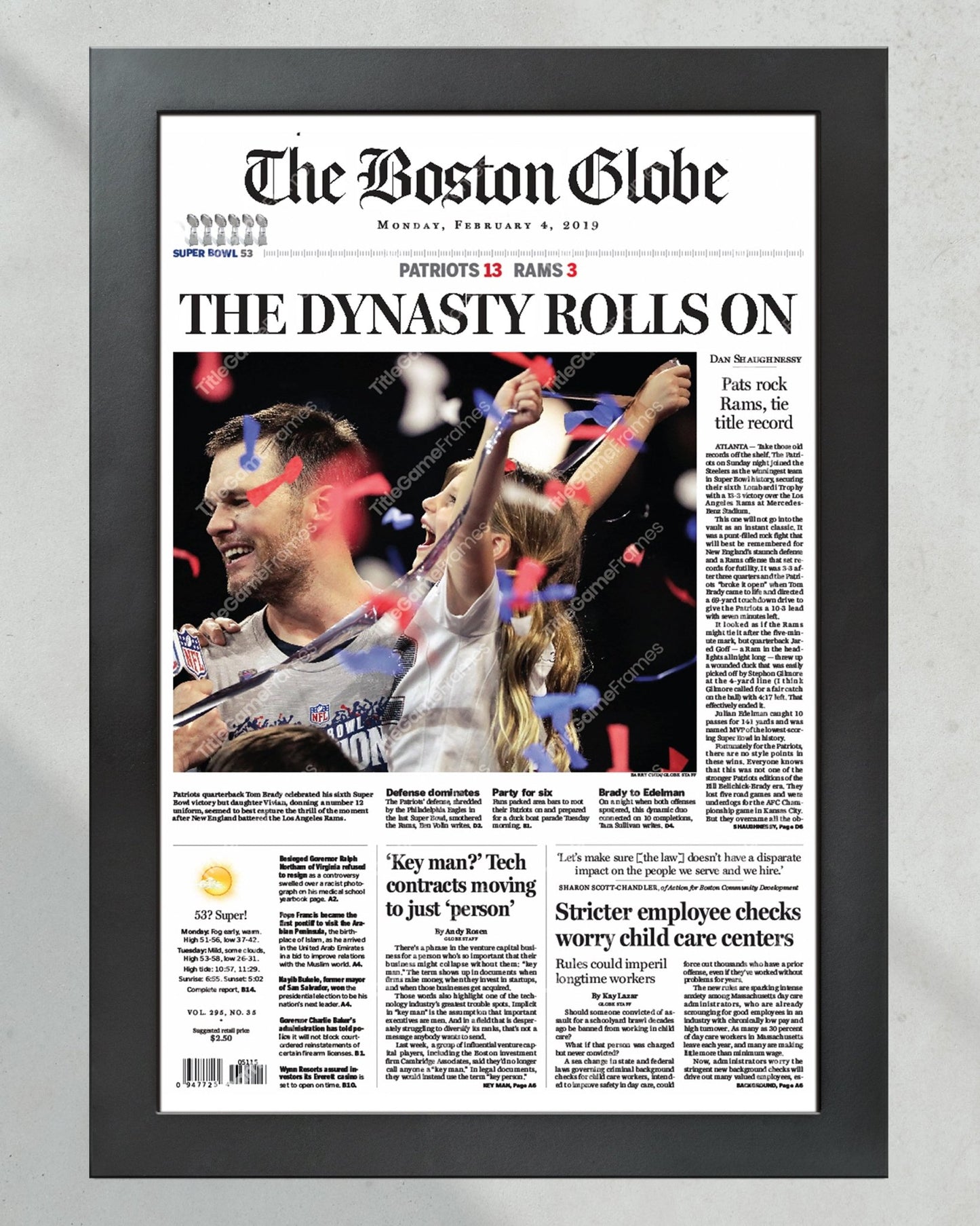 2019 New England Patriots Super Bowl Framed Newspaper Front Page Newspaper Print - Title Game Frames