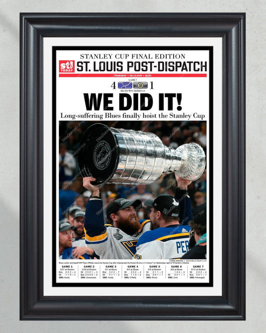 2019 St. Louis Blues Stanley Cup Championship Newspaper Framed Print Enterprise Center - Title Game Frames