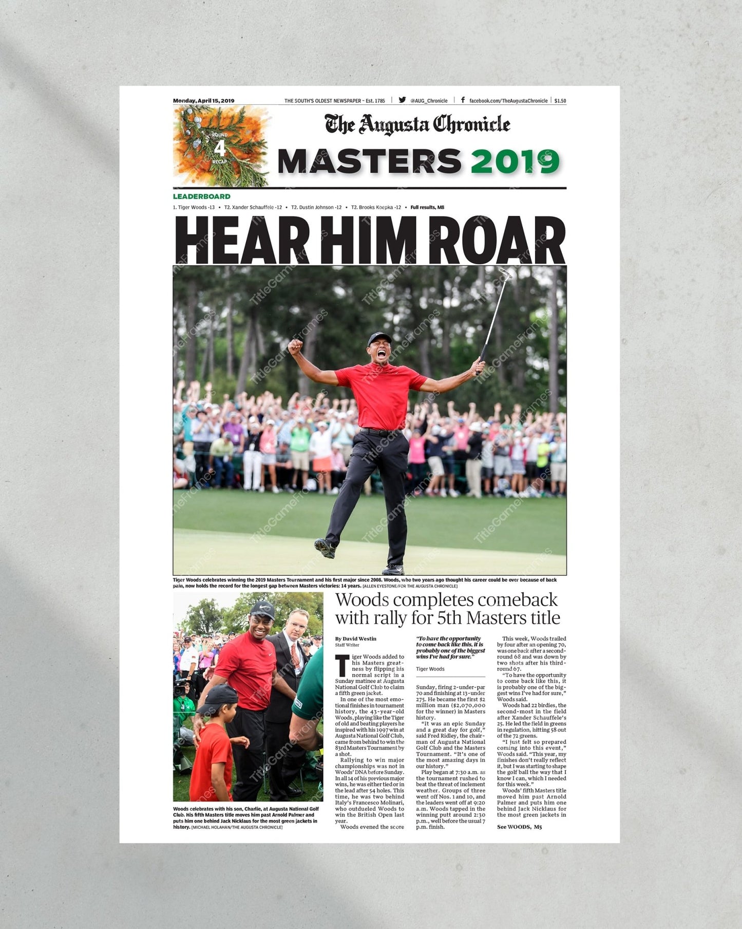 2019 Tiger Woods Masters Champion Framed Newspaper Print - Title Game Frames