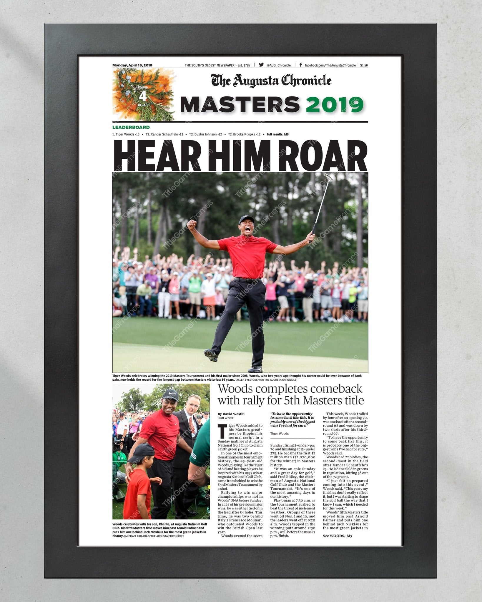 2019 Tiger Woods Masters Champion Framed Newspaper Print - Title Game Frames