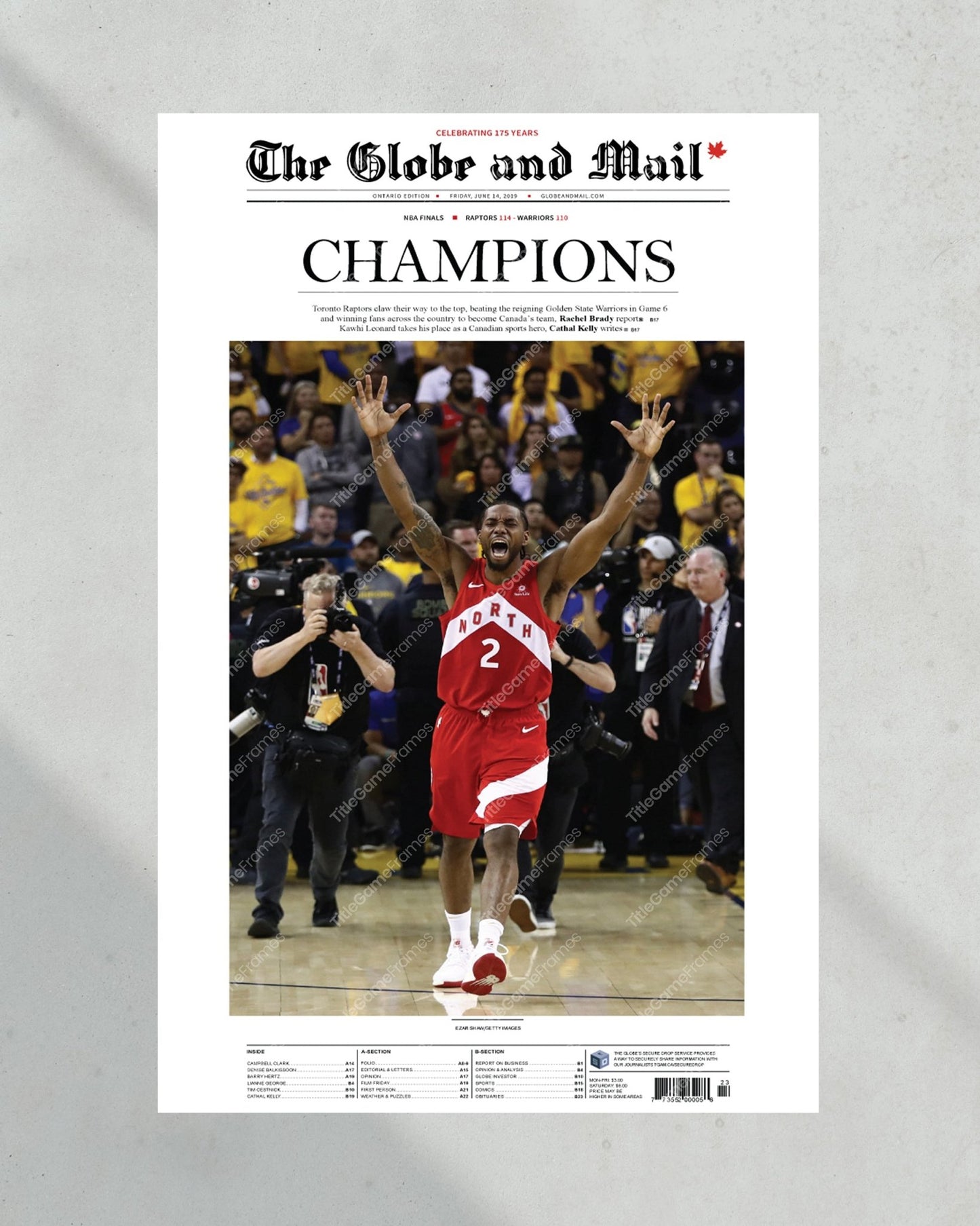 2019 Toronto Raptors NBA Champion Framed Front Page Newspaper Print - Title Game Frames