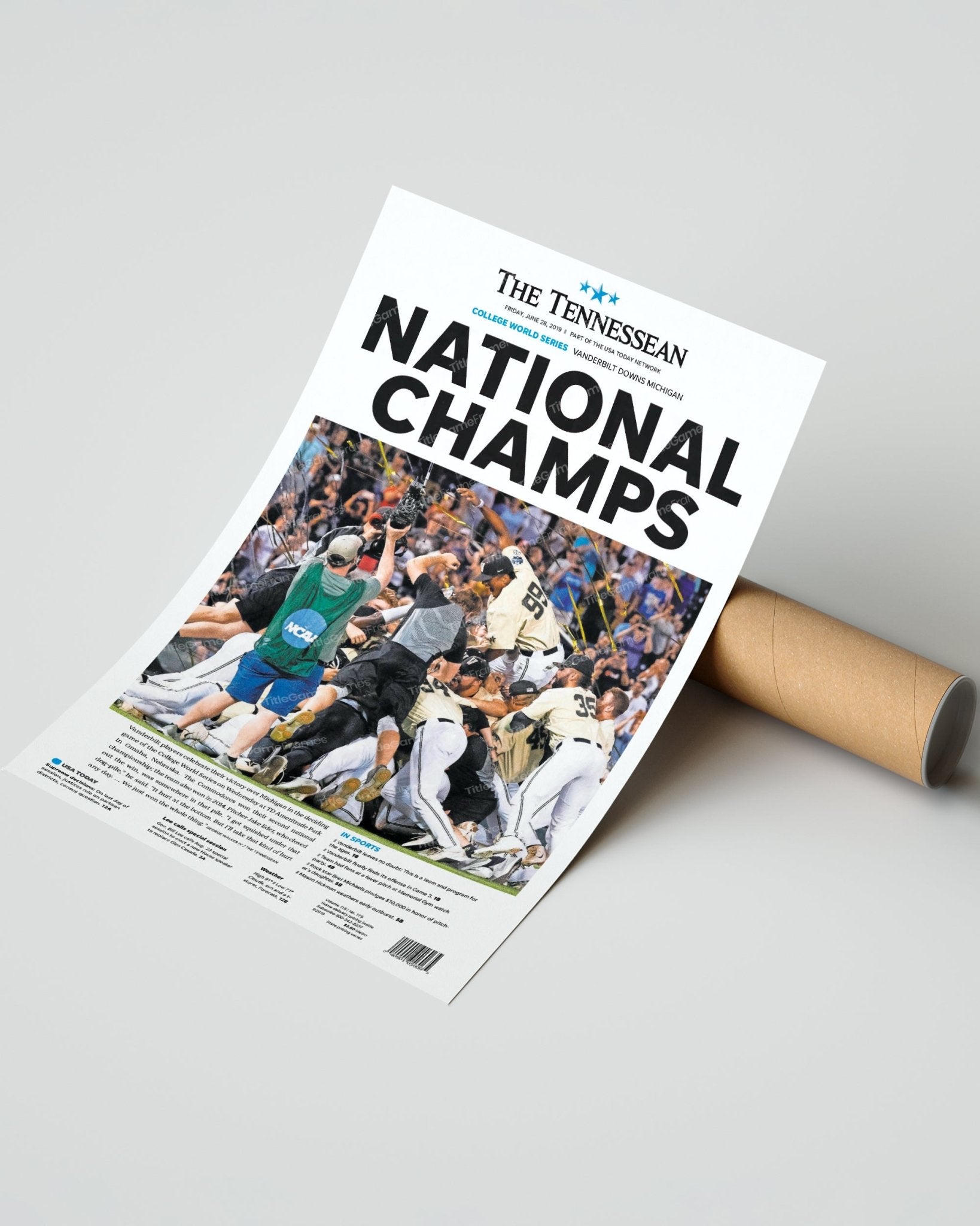 2019 Vanderbilt University NCAA College Baseball World Series Champions Framed Front Page Newspaper Print - Title Game Frames