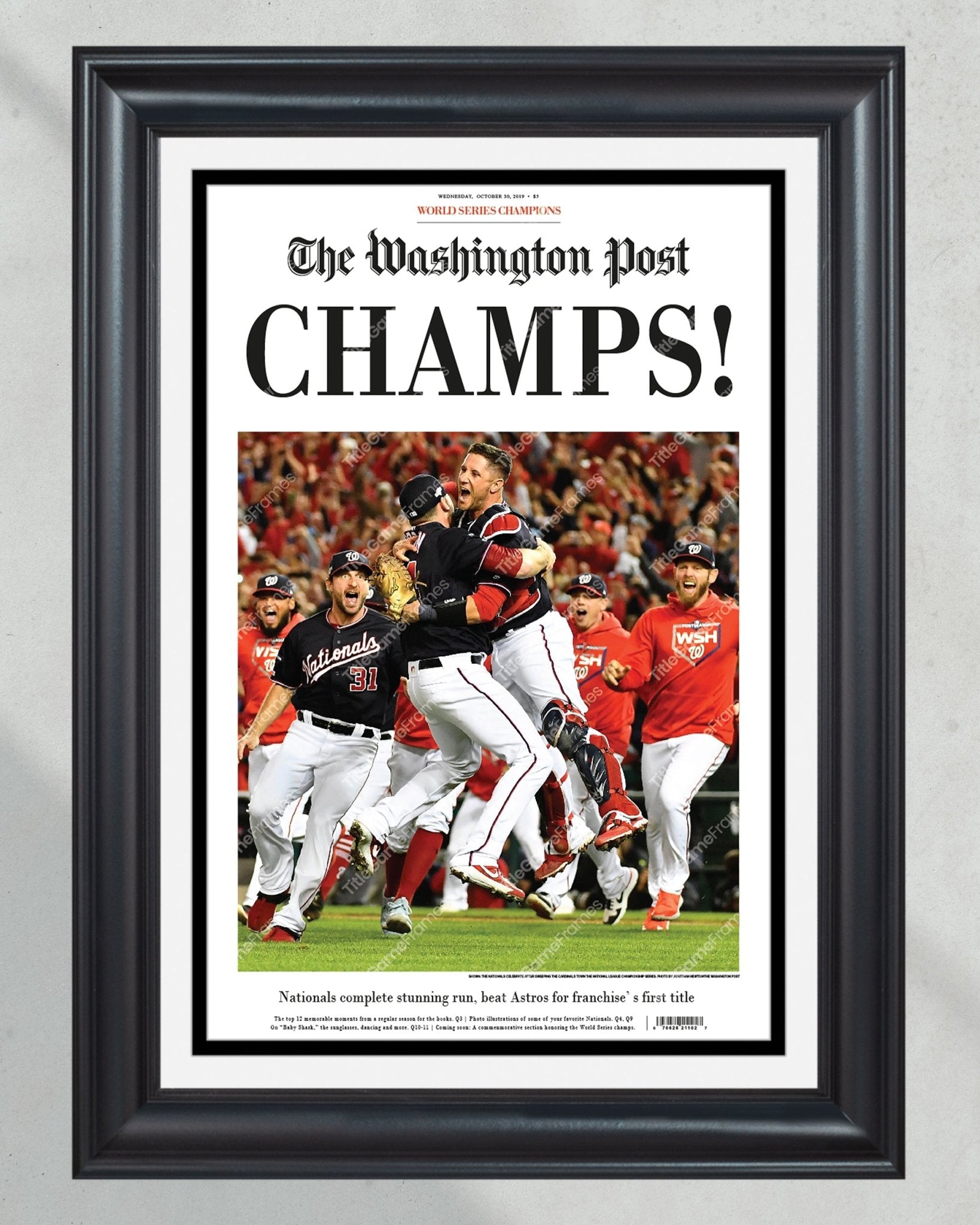 2019 Washington Nationals "Champs" World Series Baseball Champions The Washington Post Newspaper Framed Print - Title Game Frames