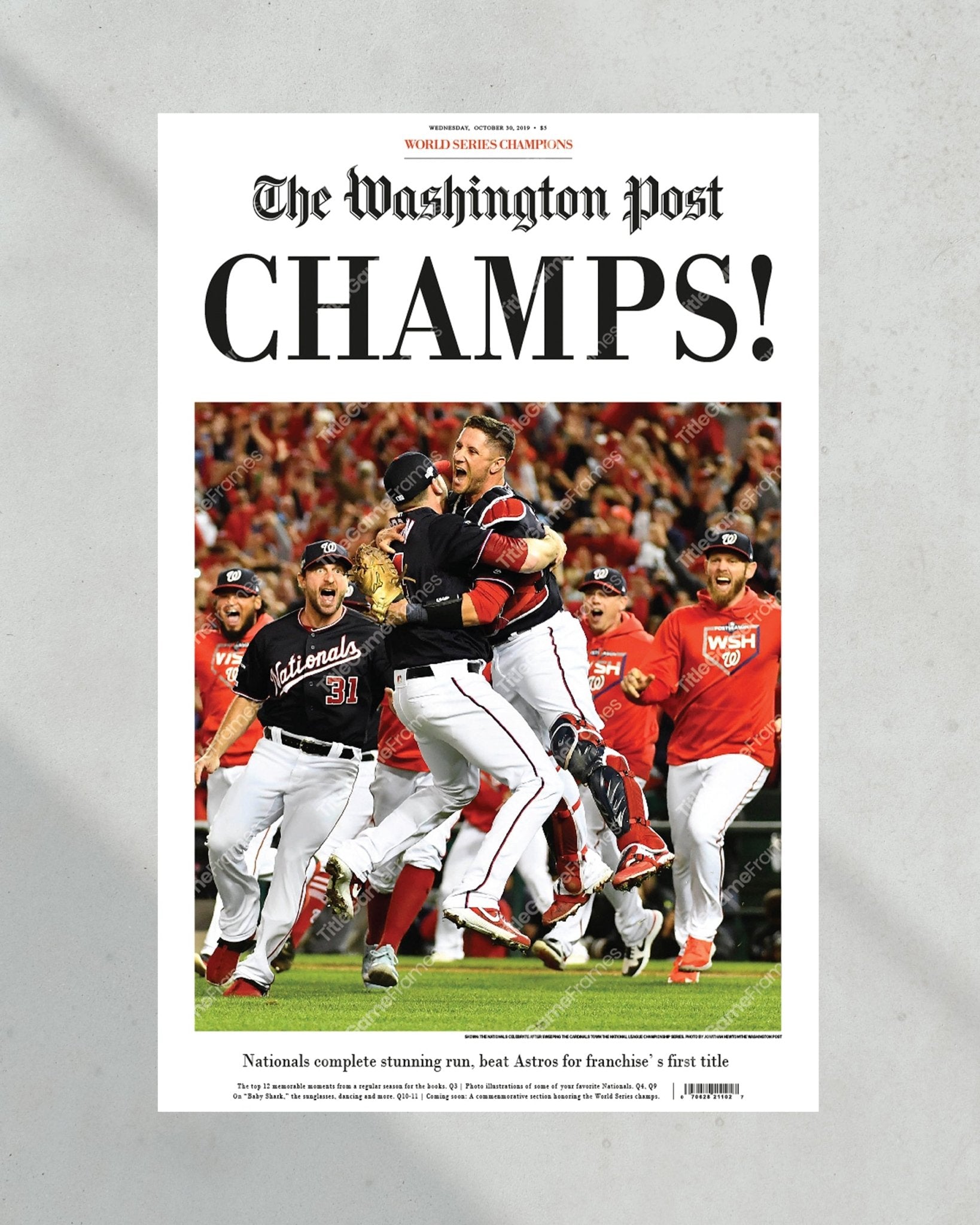 2019 Washington Nationals "Champs" World Series Baseball Champions The Washington Post Newspaper Framed Print - Title Game Frames