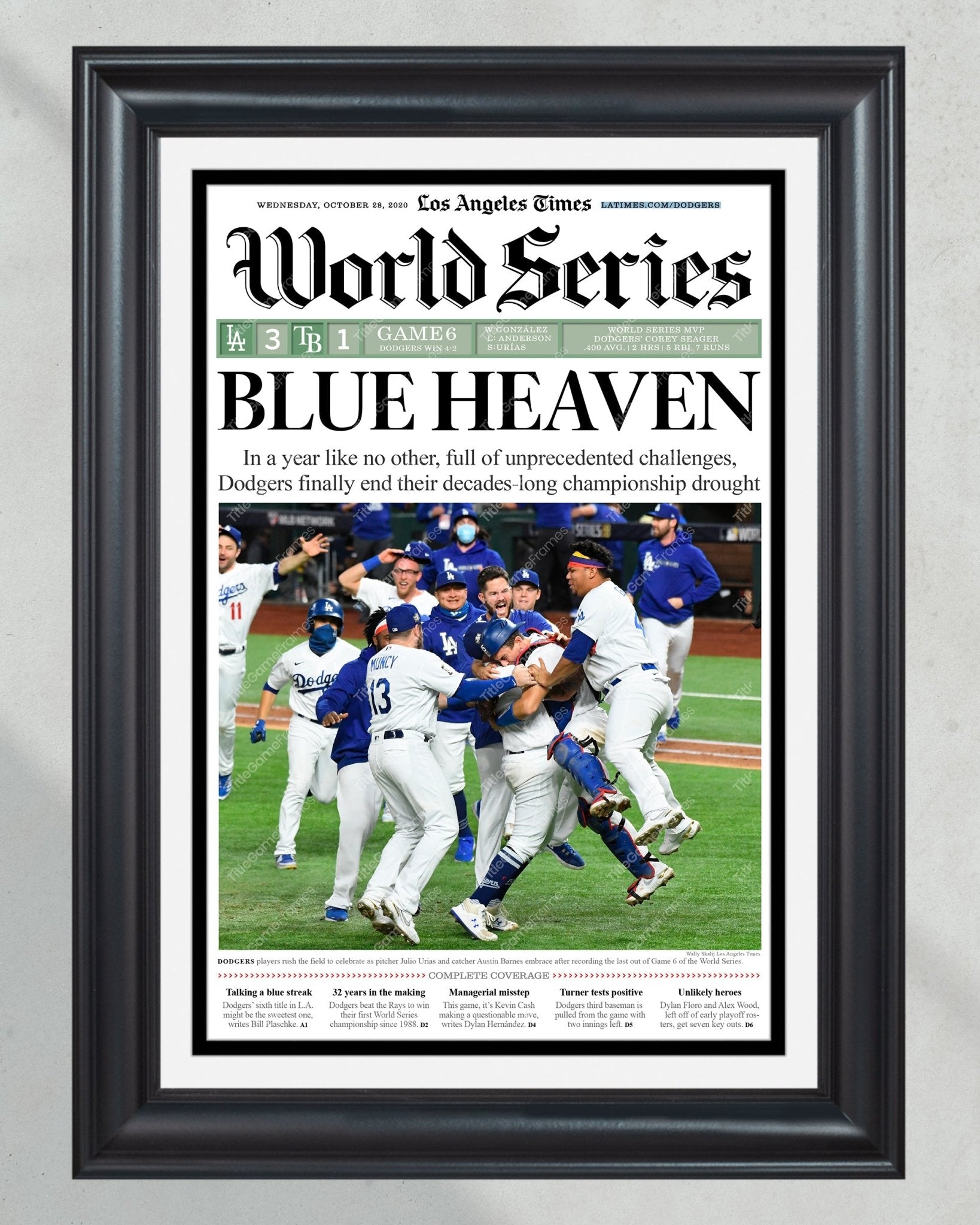 2020 L.A. Dodgers World Series Champions Framed Newspaper Cover Print - Title Game Frames