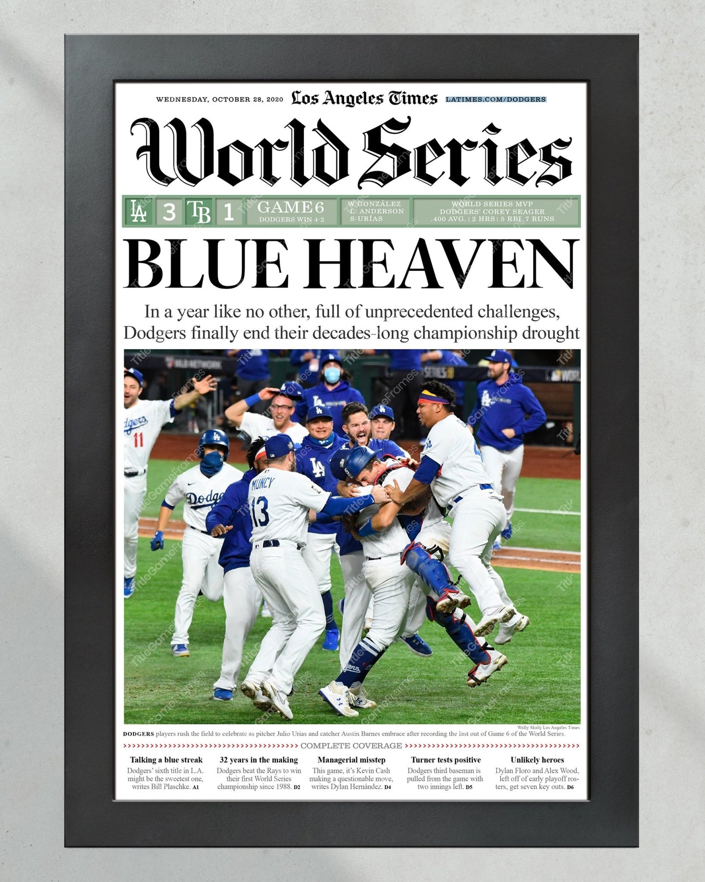 2020 L.A. Dodgers World Series Champions Framed Newspaper Cover Print - Title Game Frames