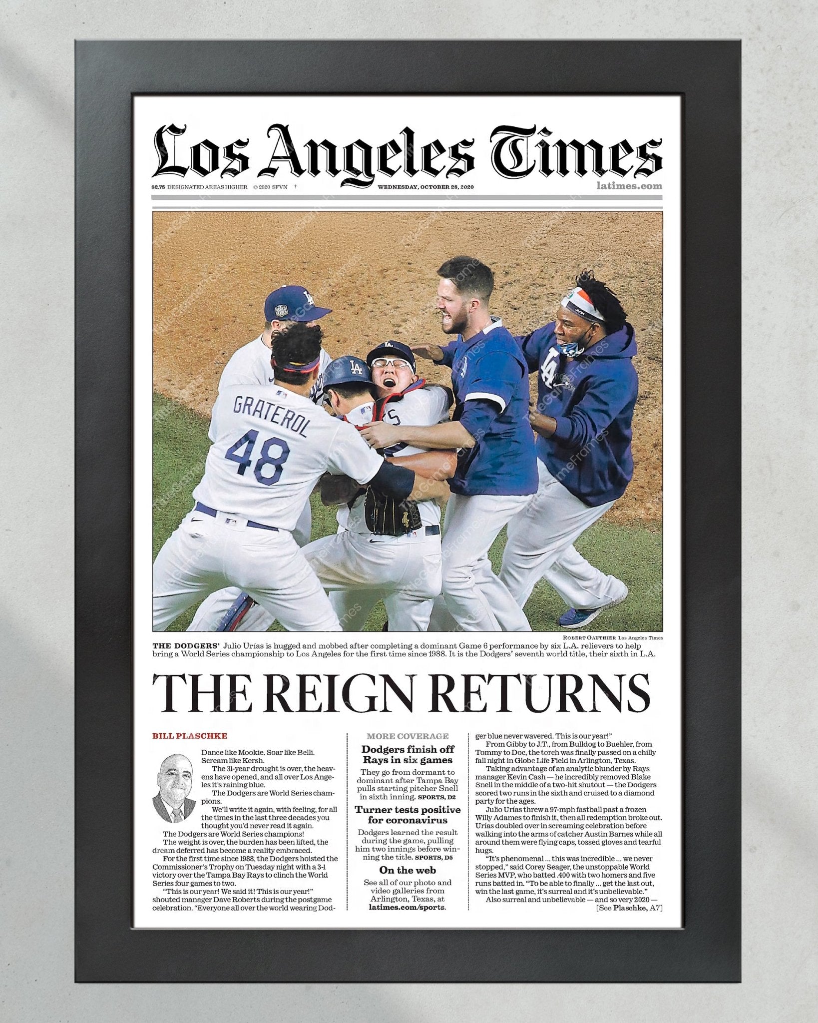 2020 Los Angeles Dodgers World Series Champions 'The Reign Returns' Framed Framed Newspaper Print - Title Game Frames