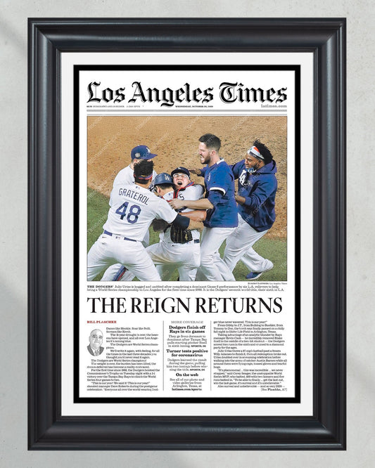 2020 Los Angeles Dodgers World Series Champions 'The Reign Returns' Framed Framed Newspaper Print - Title Game Frames