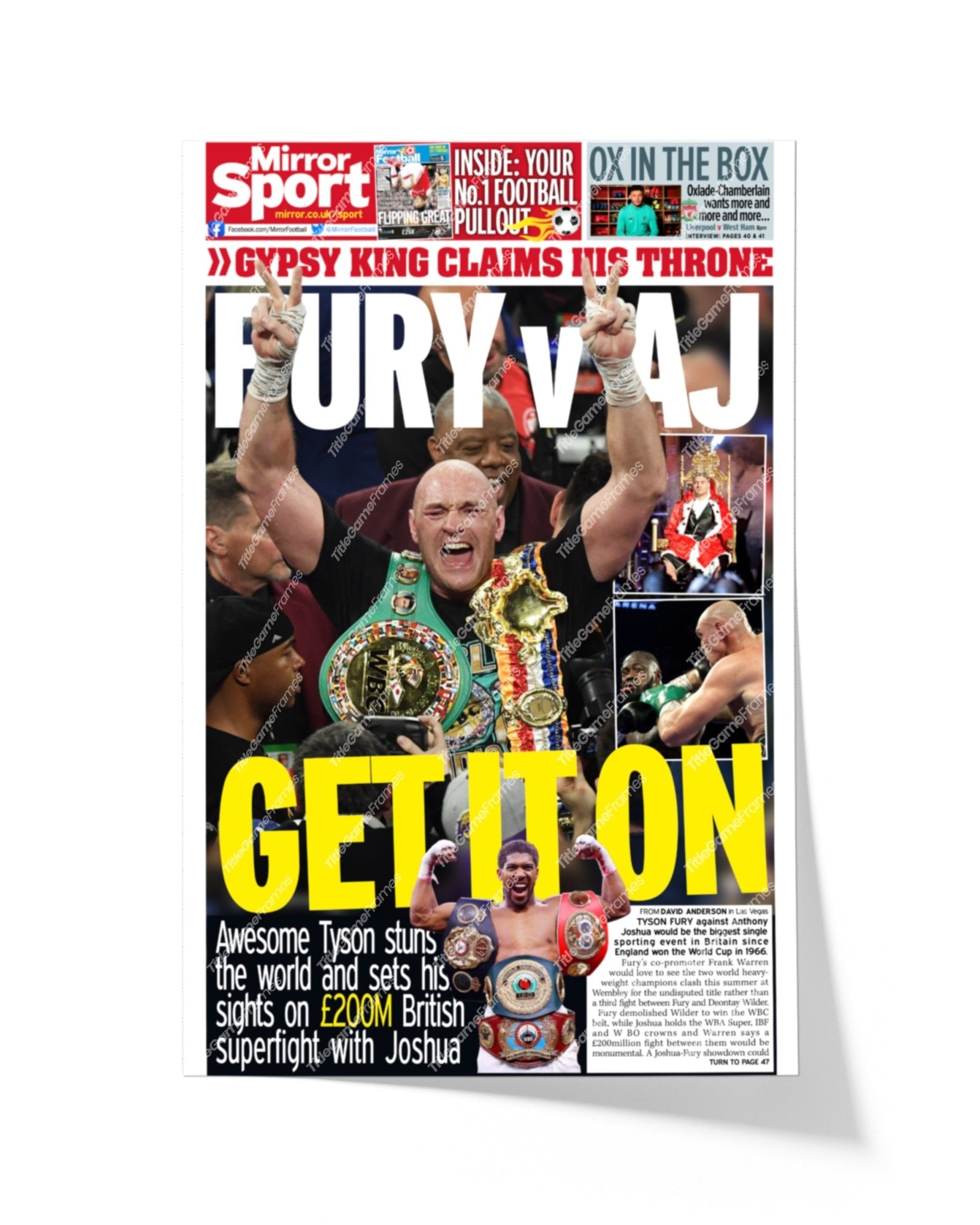 2020 Tyson Fury vs. Deontay Wilder Heavyweight Boxing Framed Front Page Newspaper Print - Title Game Frames