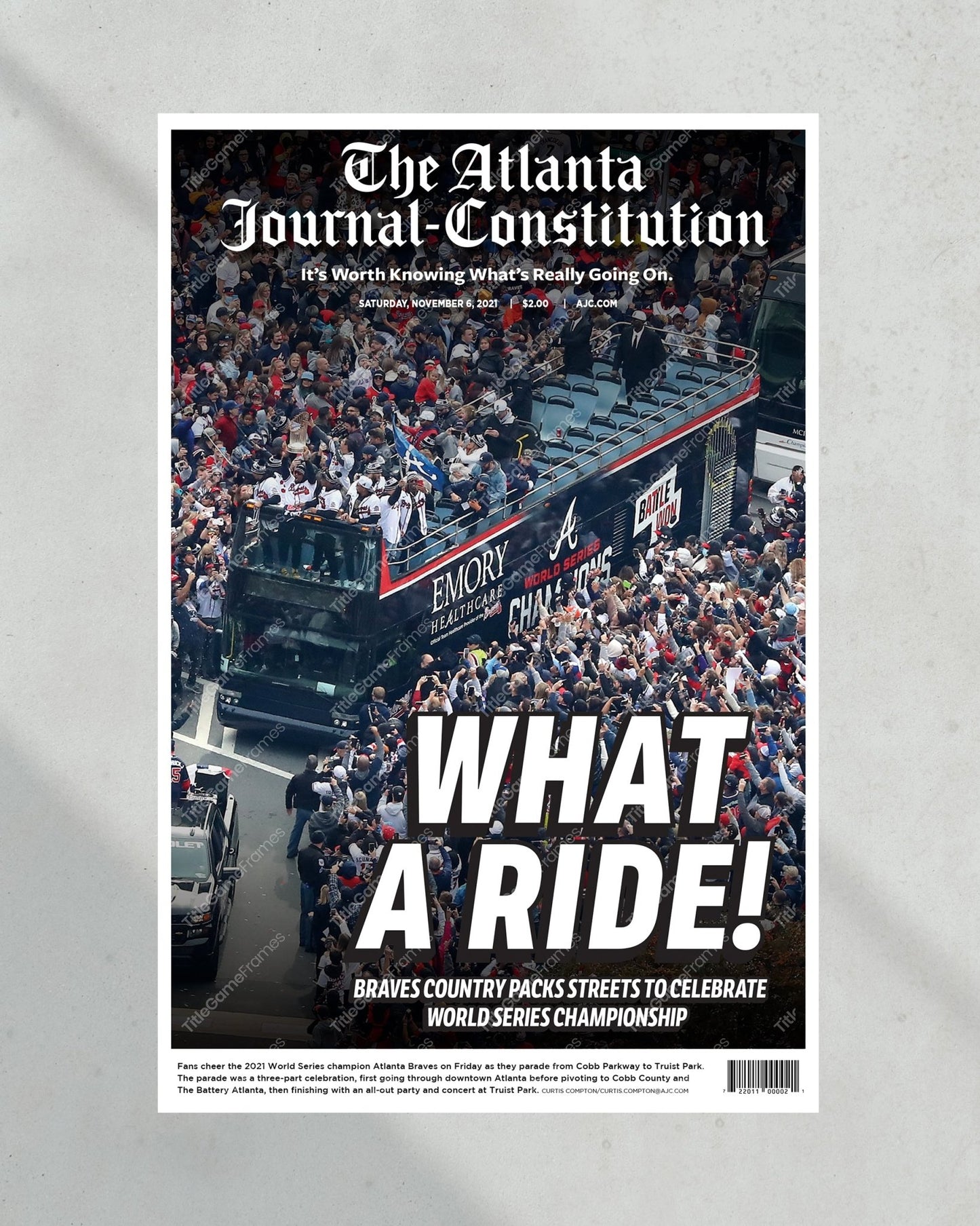 2021 Atlanta Braves Parade World Series Champions Framed Front Page Newspaper Print - Title Game Frames