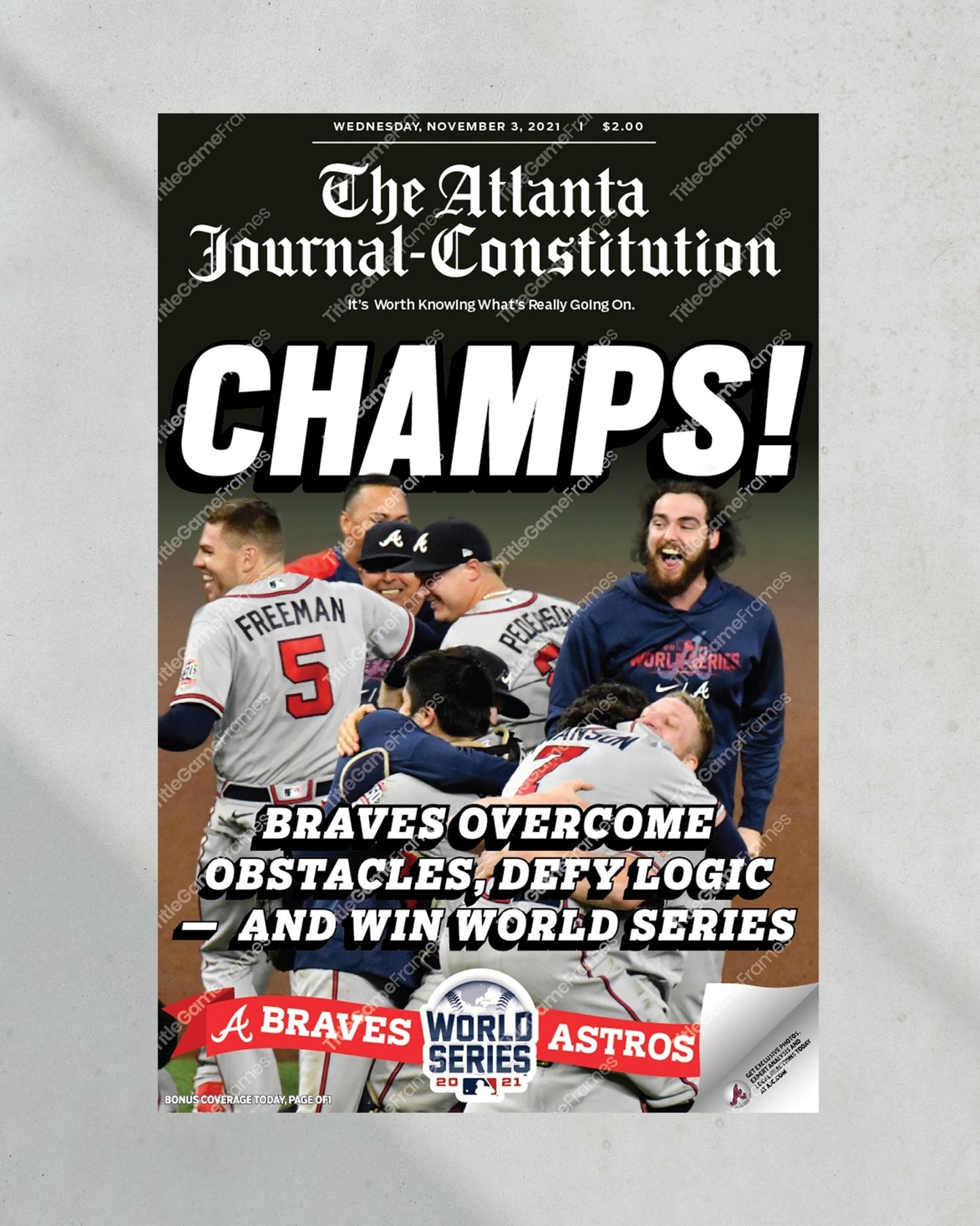 2021 Atlanta Braves World Series Champions Framed Front Page Newspaper Print “Champs” - Title Game Frames