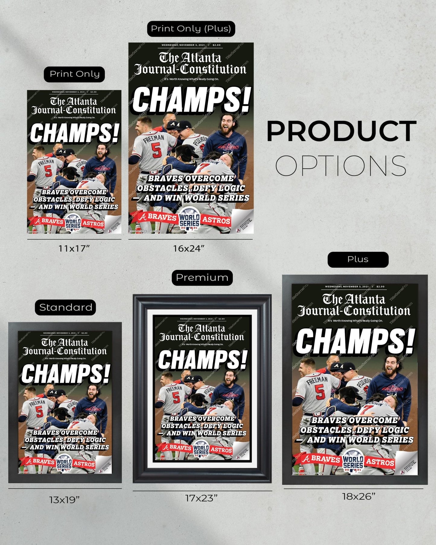 2021 Atlanta Braves World Series Champions Framed Front Page Newspaper Print “Champs” - Title Game Frames