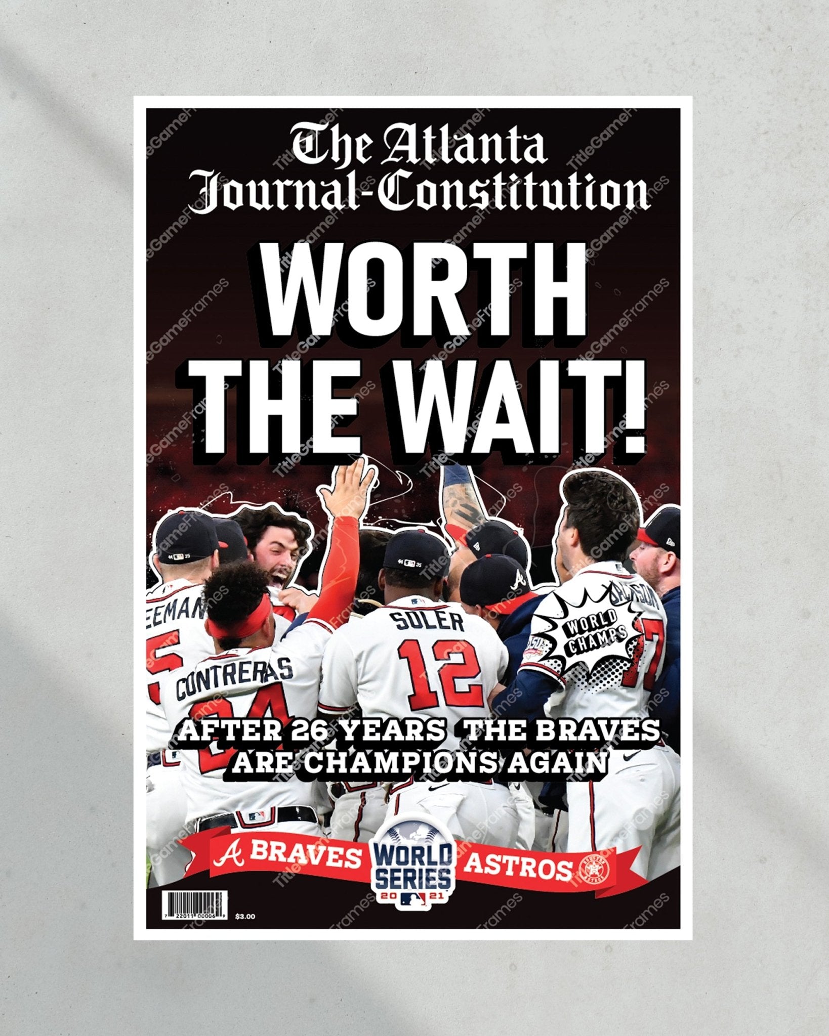 2021 Atlanta Braves “Worth the Wait” World Series Champions Framed Front Page Newspaper Print - Title Game Frames