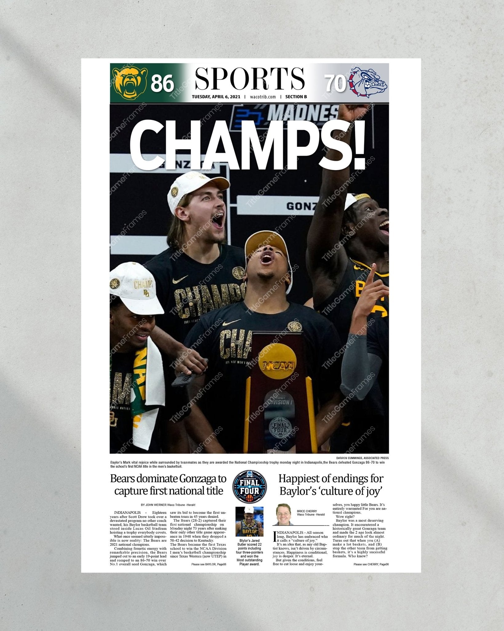 2021 Baylor Bears NCAA Basketball National Title - Waco Tribune Herald Newspaper 4/6/2021 - Title Game Frames