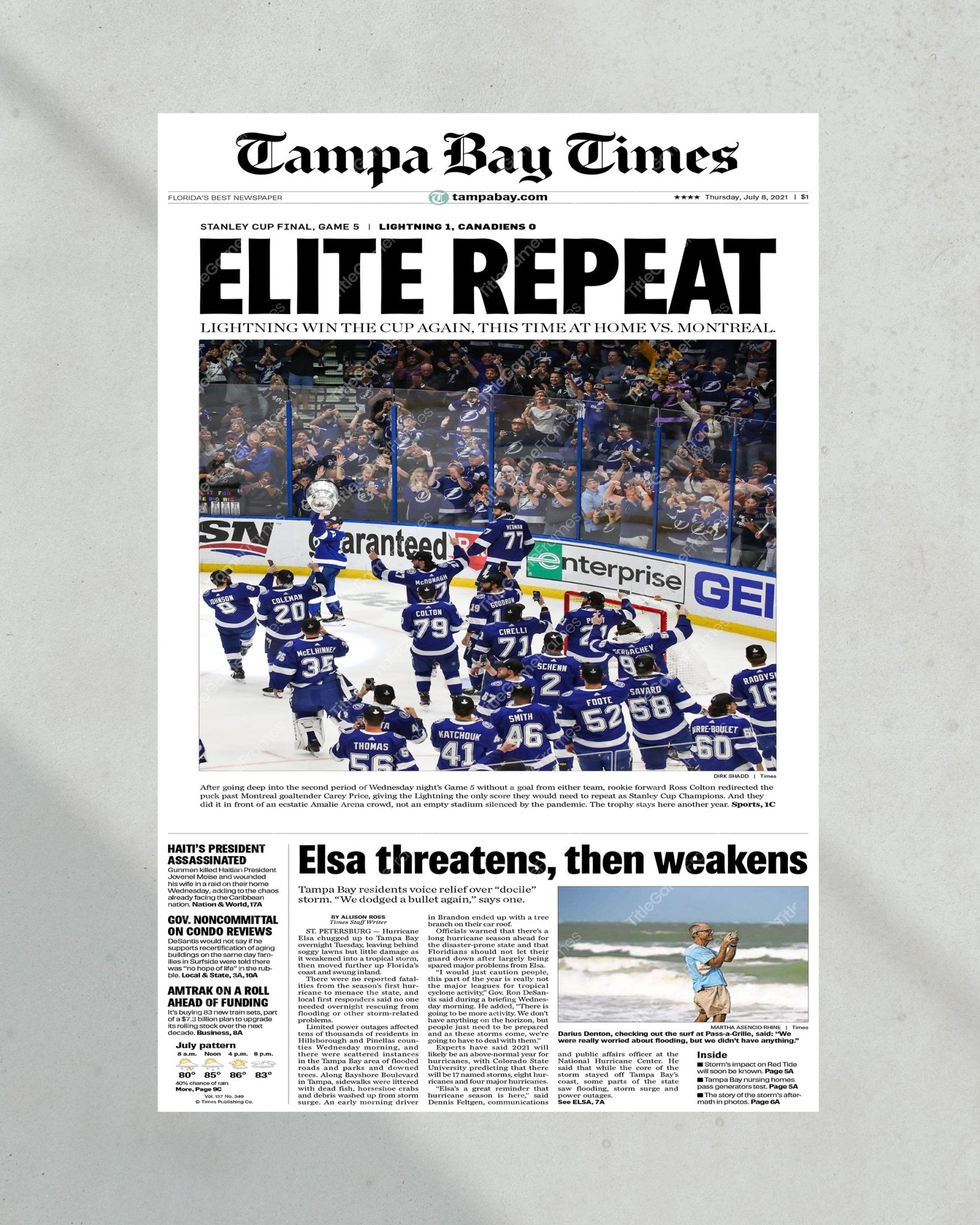 2021 “Elite Repeat” Tampa Bay Lightning Stanley Cup Champions Framed Newspaper Front Page Print - Title Game Frames