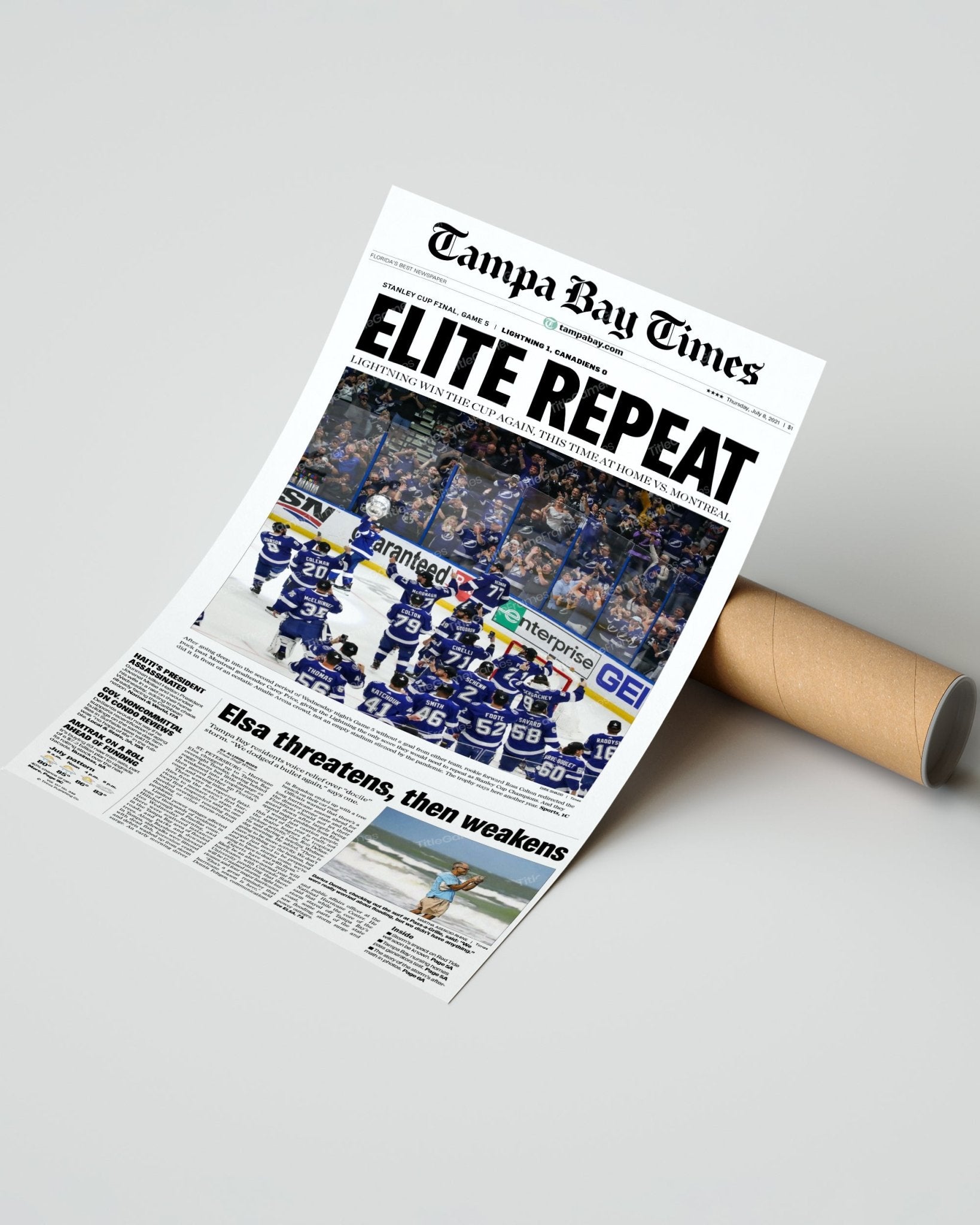 2021 “Elite Repeat” Tampa Bay Lightning Stanley Cup Champions Framed Newspaper Front Page Print - Title Game Frames