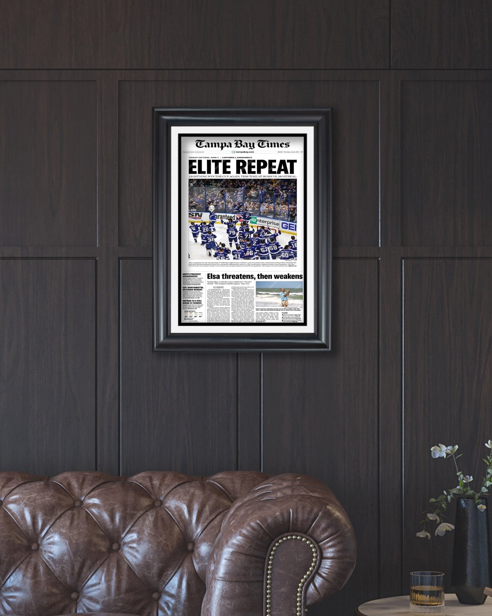 2021 “Elite Repeat” Tampa Bay Lightning Stanley Cup Champions Framed Newspaper Front Page Print - Title Game Frames