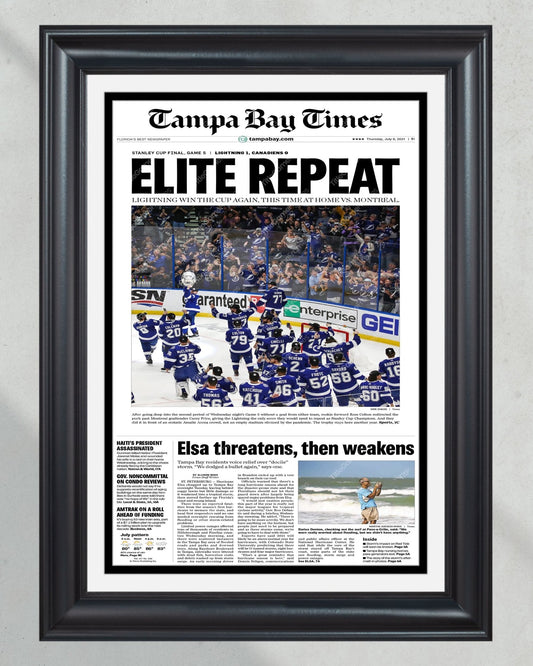 2021 “Elite Repeat” Tampa Bay Lightning Stanley Cup Champions Framed Newspaper Front Page Print - Title Game Frames