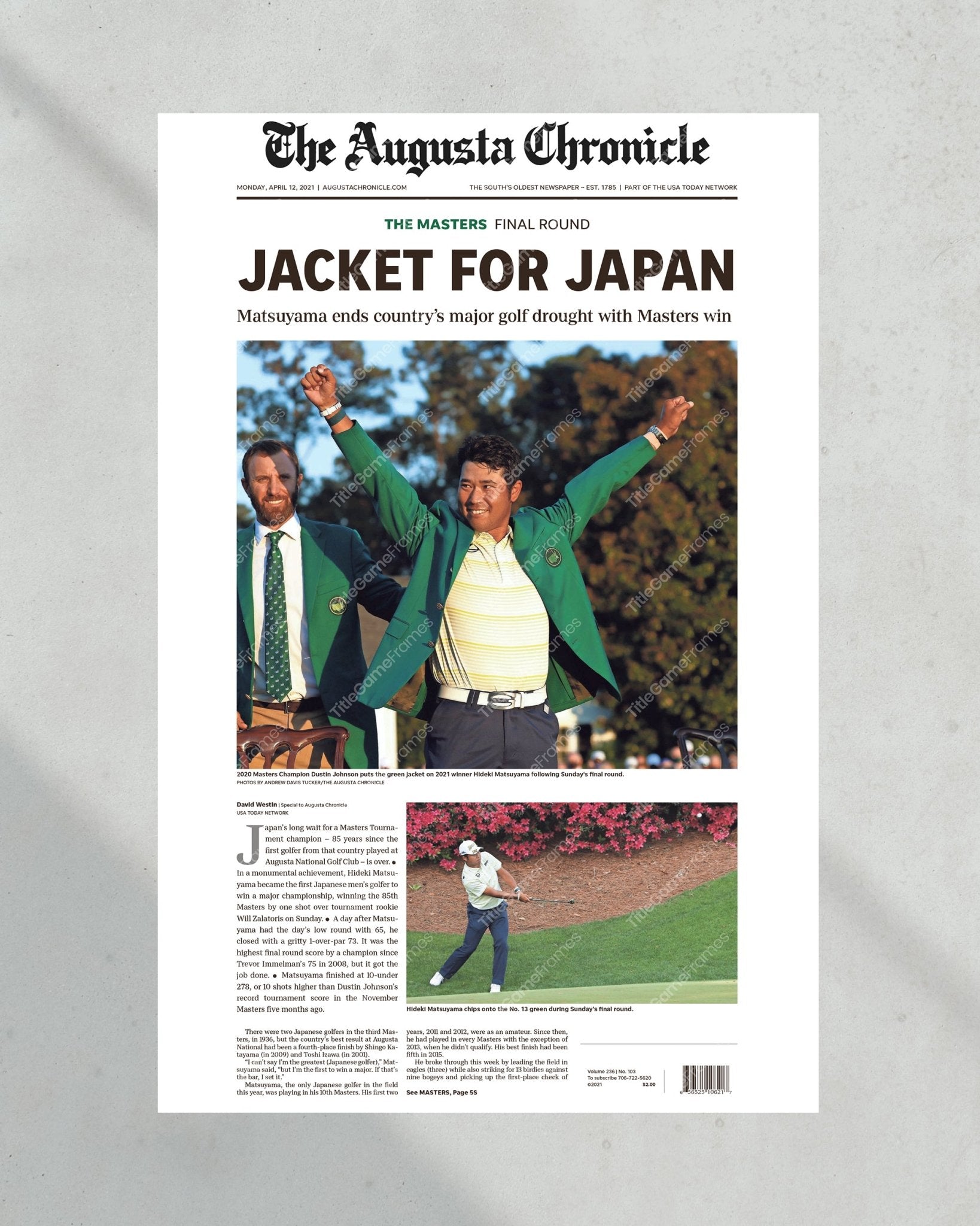 2021 Masters PGA Championship Framed Front Page Newspaper Print Hideki Matsuyama Japan - Title Game Frames