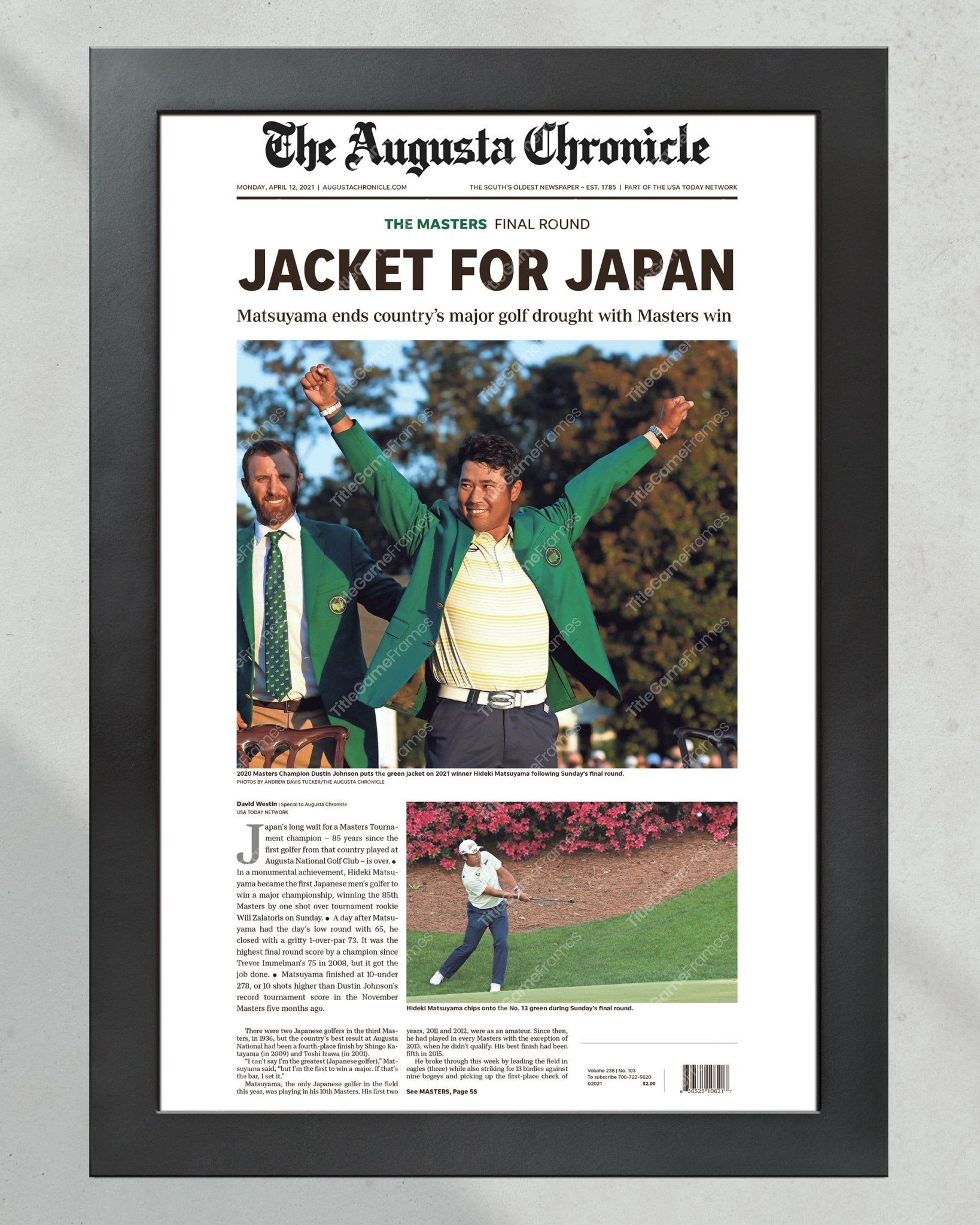 2021 Masters PGA Championship Framed Front Page Newspaper Print Hideki Matsuyama Japan - Title Game Frames