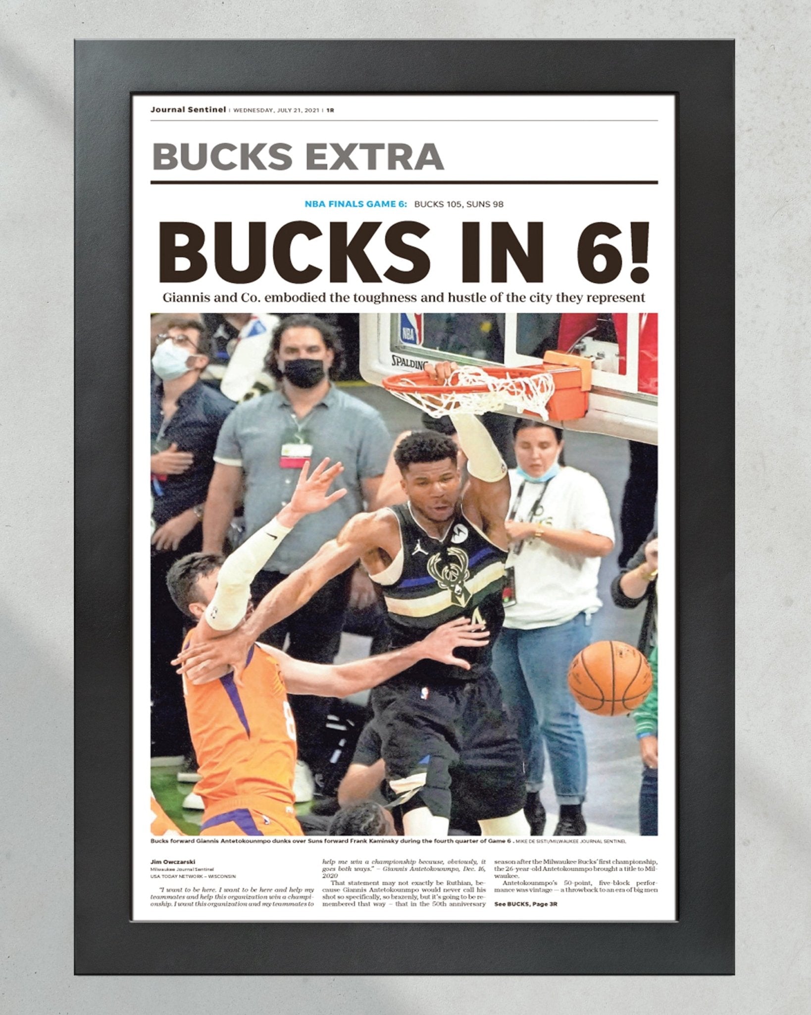 2021 Milwaukee Bucks “Bucks in Six” NBA Championship Framed Newspaper Front Page Print - Title Game Frames