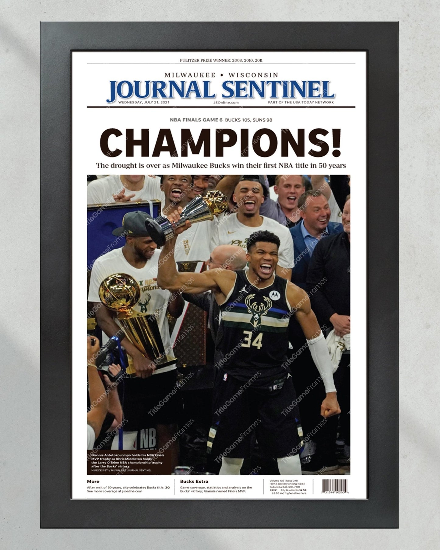2021 Milwaukee Bucks NBA Champions Framed Newspaper Front Page Print - Title Game Frames