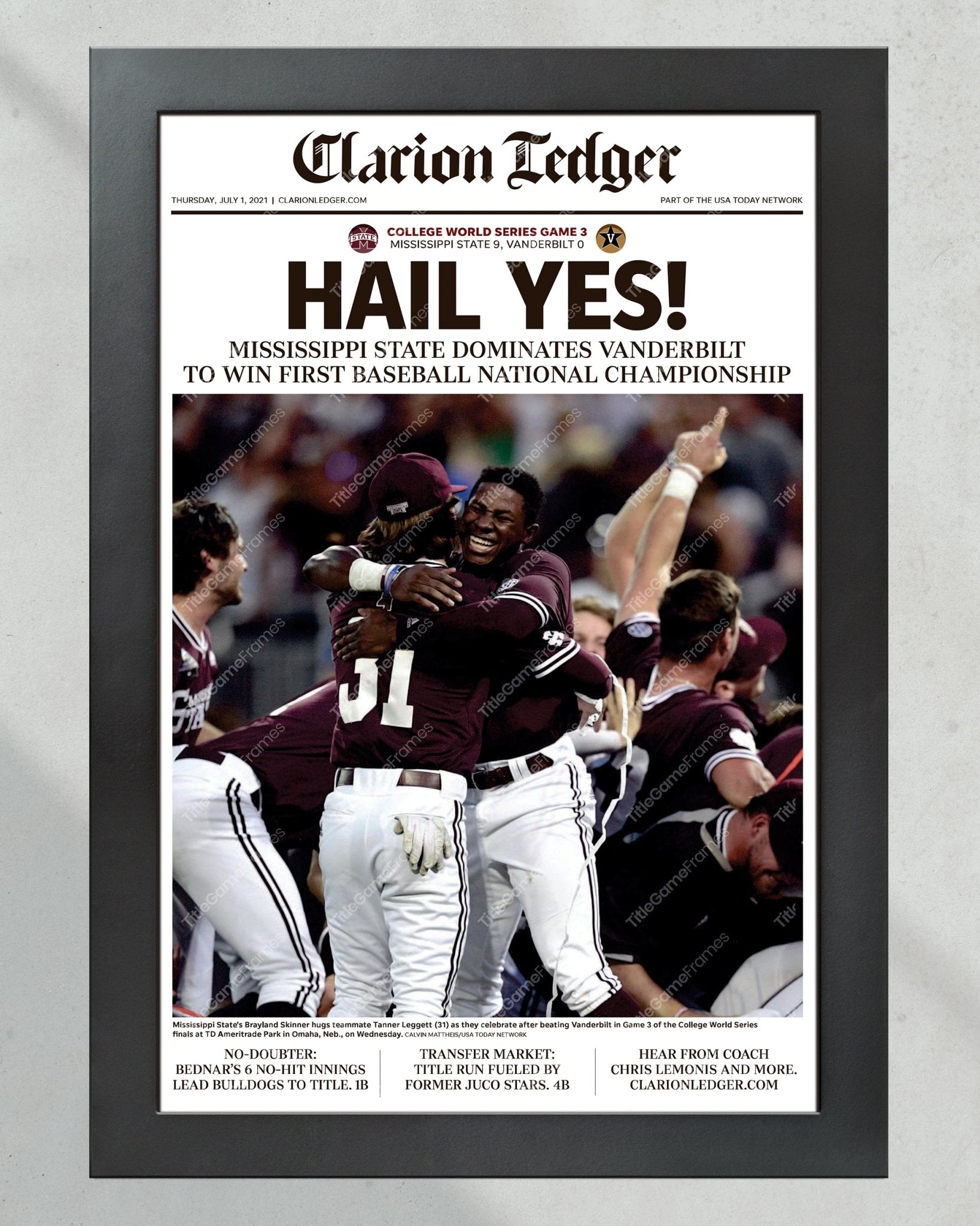 2021 Mississippi State Bulldogs College World Series Champion Framed Newspaper Front Page Print - Title Game Frames