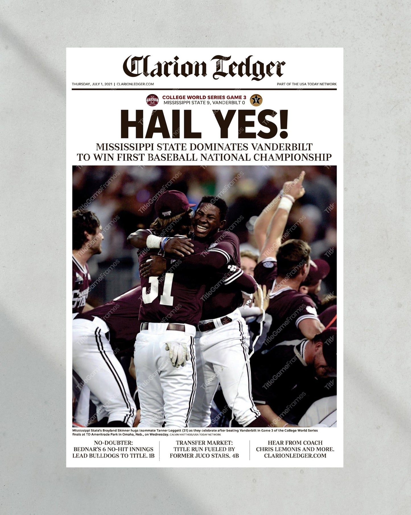 2021 Mississippi State Bulldogs College World Series Champion Framed Newspaper Front Page Print - Title Game Frames