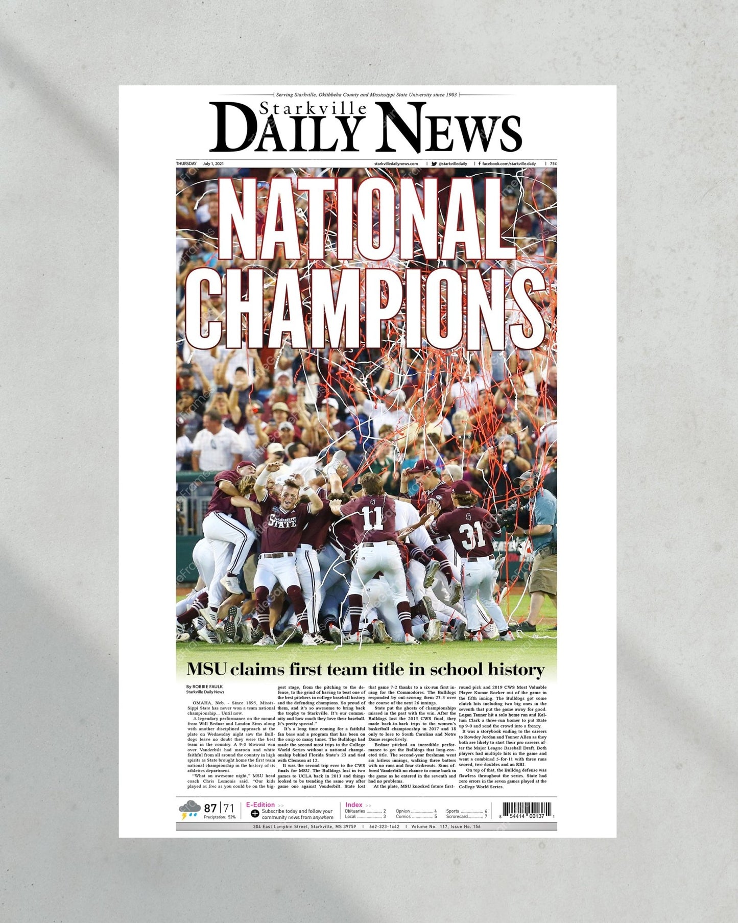 2021 Mississippi State College World Series Champions Framed Front Page Newspaper Print - Title Game Frames