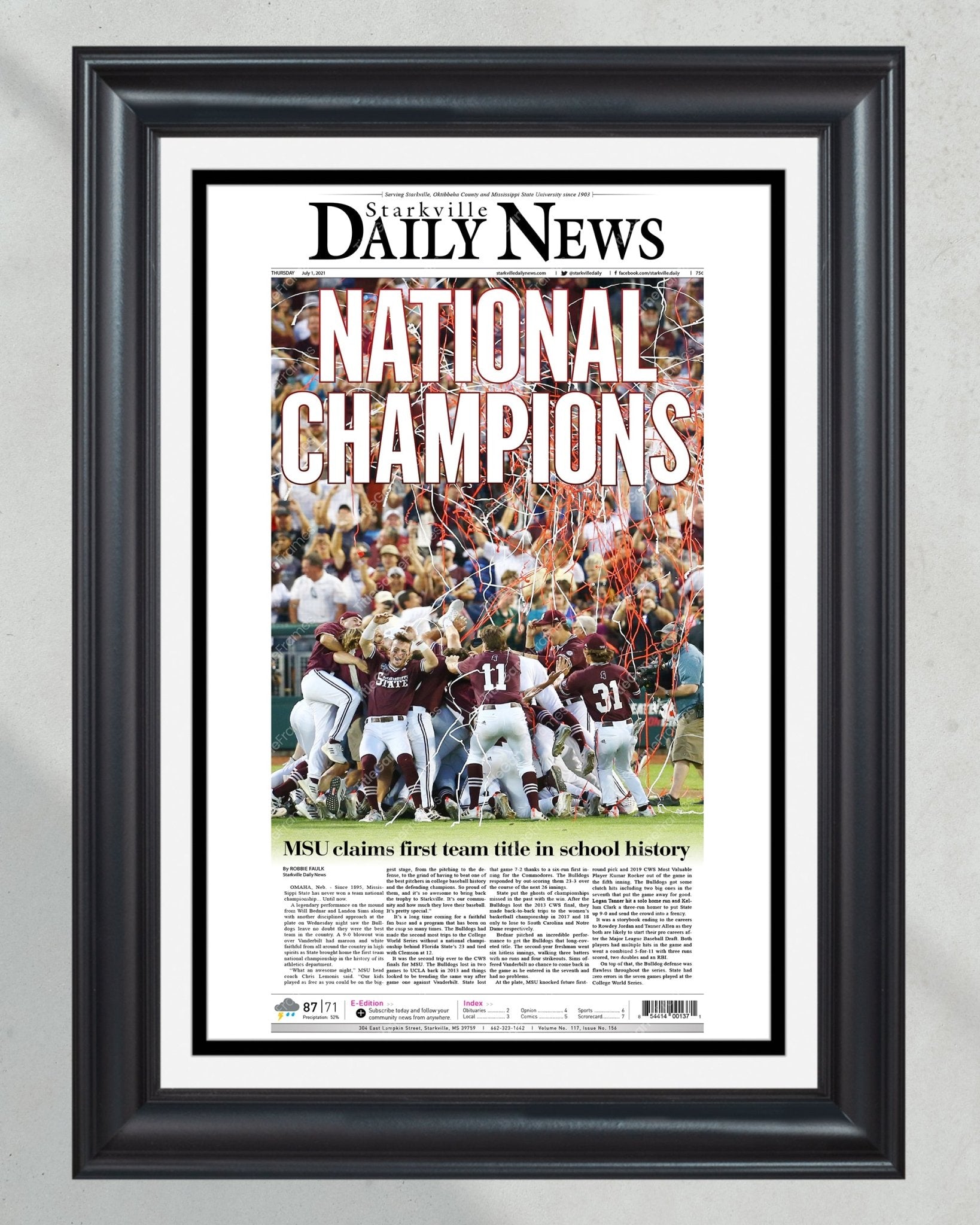 2021 Mississippi State College World Series Champions Framed Front Page Newspaper Print - Title Game Frames