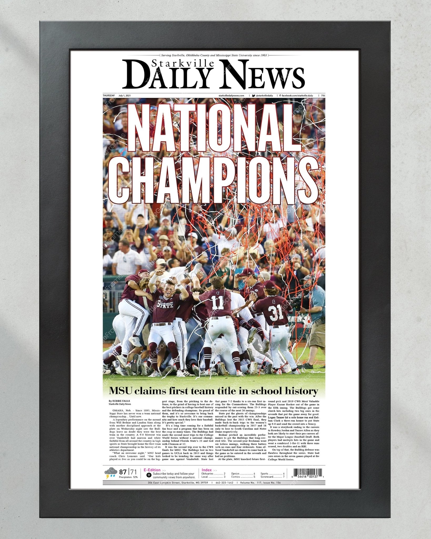 2021 Mississippi State College World Series Champions Framed Front Page Newspaper Print - Title Game Frames