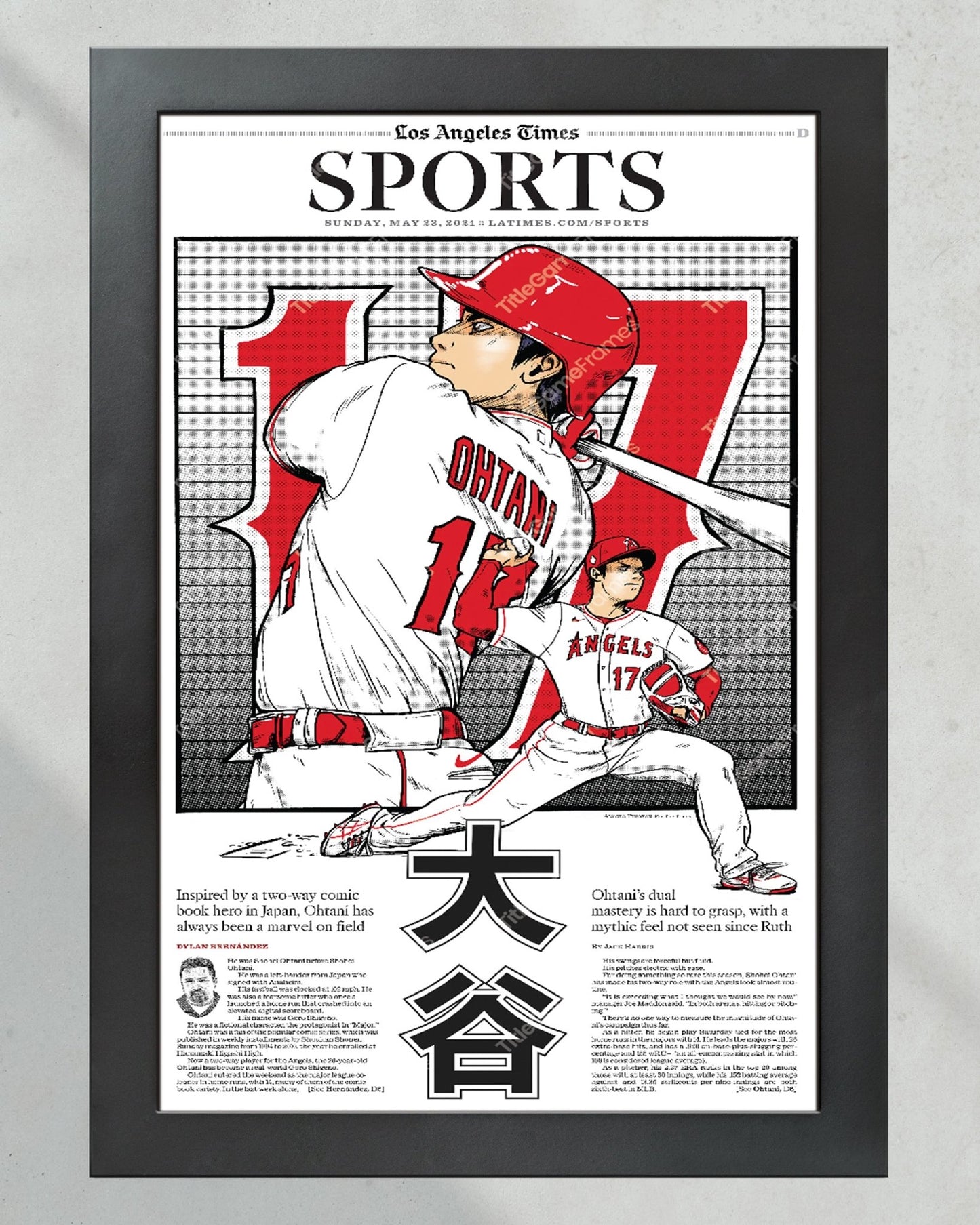 2021 Shohei Ohtani Los Angelos Angels LA Times Framed Front Page Newspaper Print - Title Game Frames