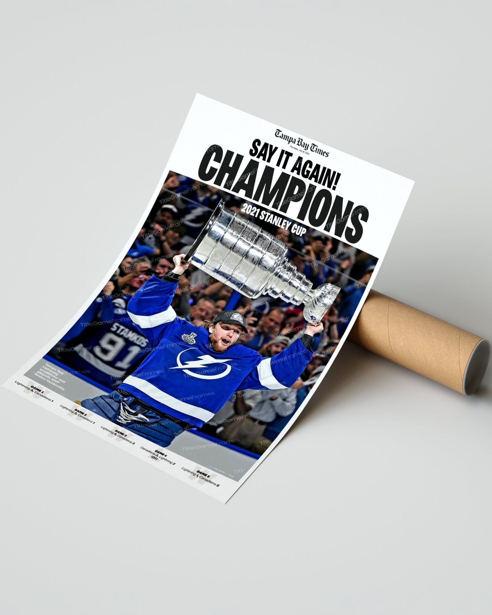 2021 Tampa Bay Lightning Stanley Cup Champions Framed Newspaper Front Page Print - Title Game Frames