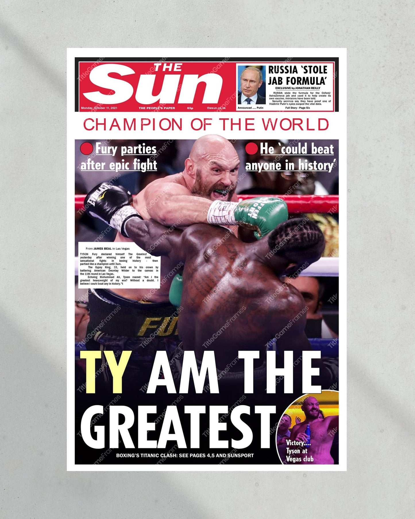 2021 Tyson Fury vs Deontay Wilder Heavyweight Boxing Framed Front Page Newspaper Print - Title Game Frames