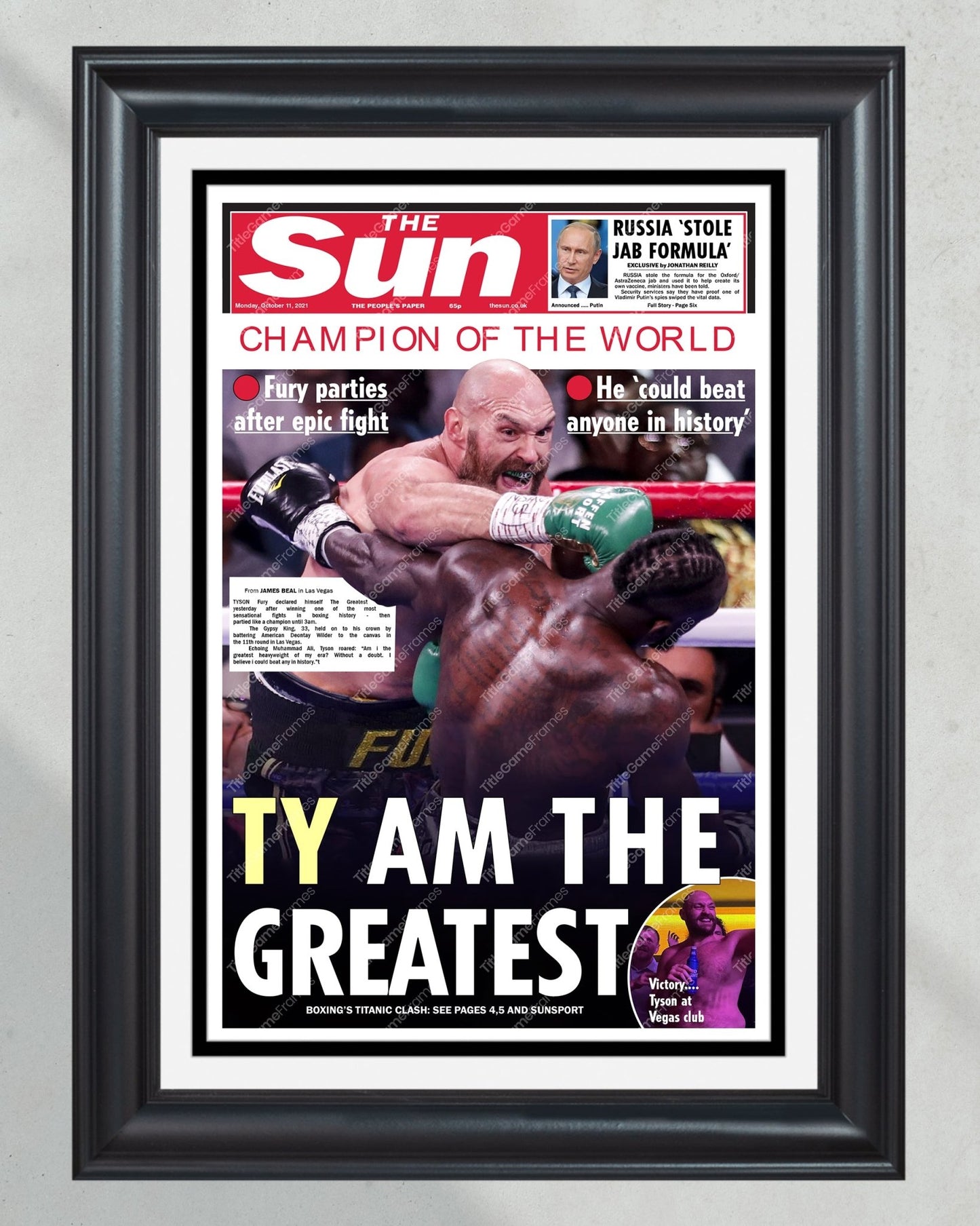 2021 Tyson Fury vs Deontay Wilder Heavyweight Boxing Framed Front Page Newspaper Print - Title Game Frames