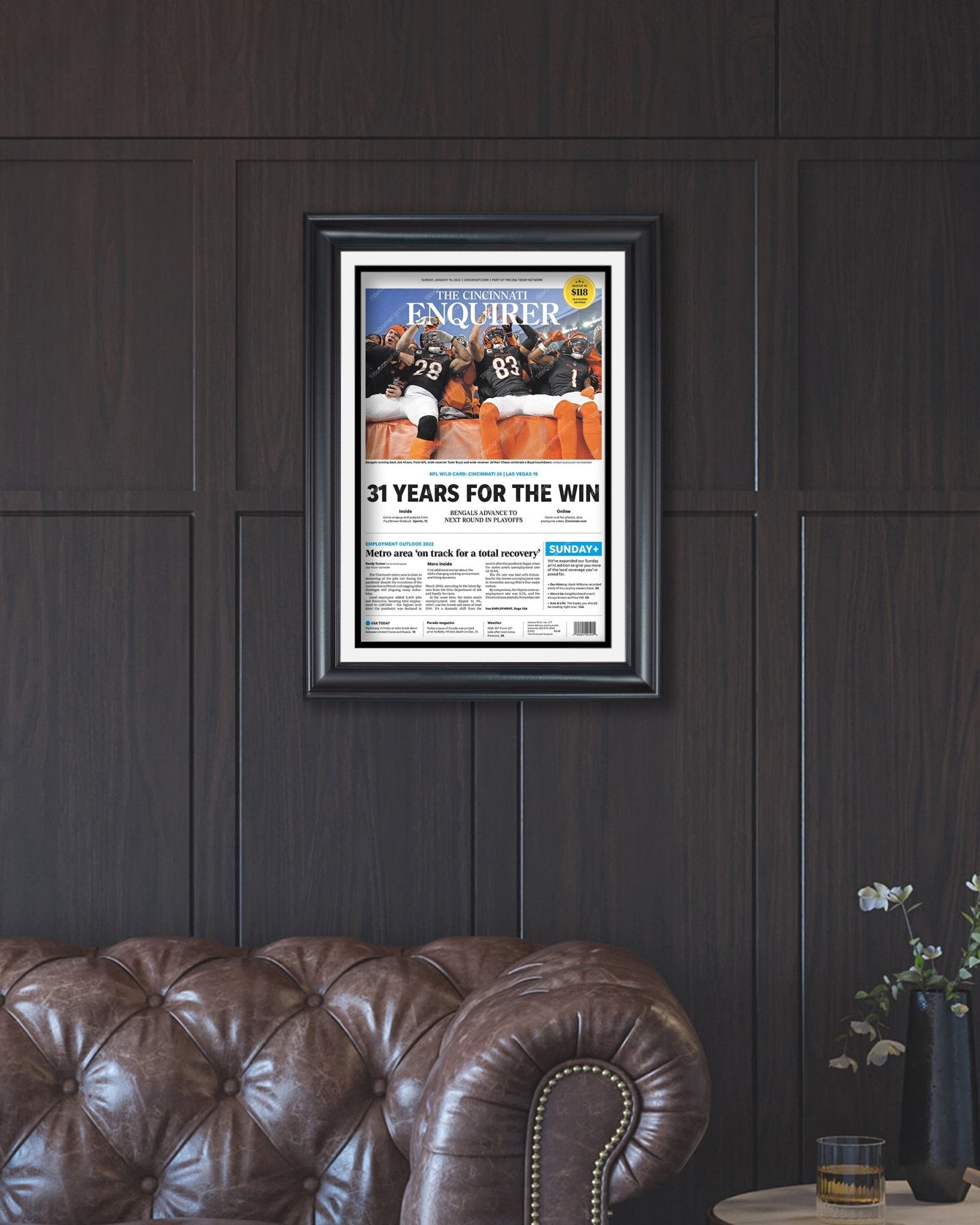 2022 Cincinnati Bengals “31 Years” AFC Wild Card Game Framed Front Page Newspaper - Title Game Frames