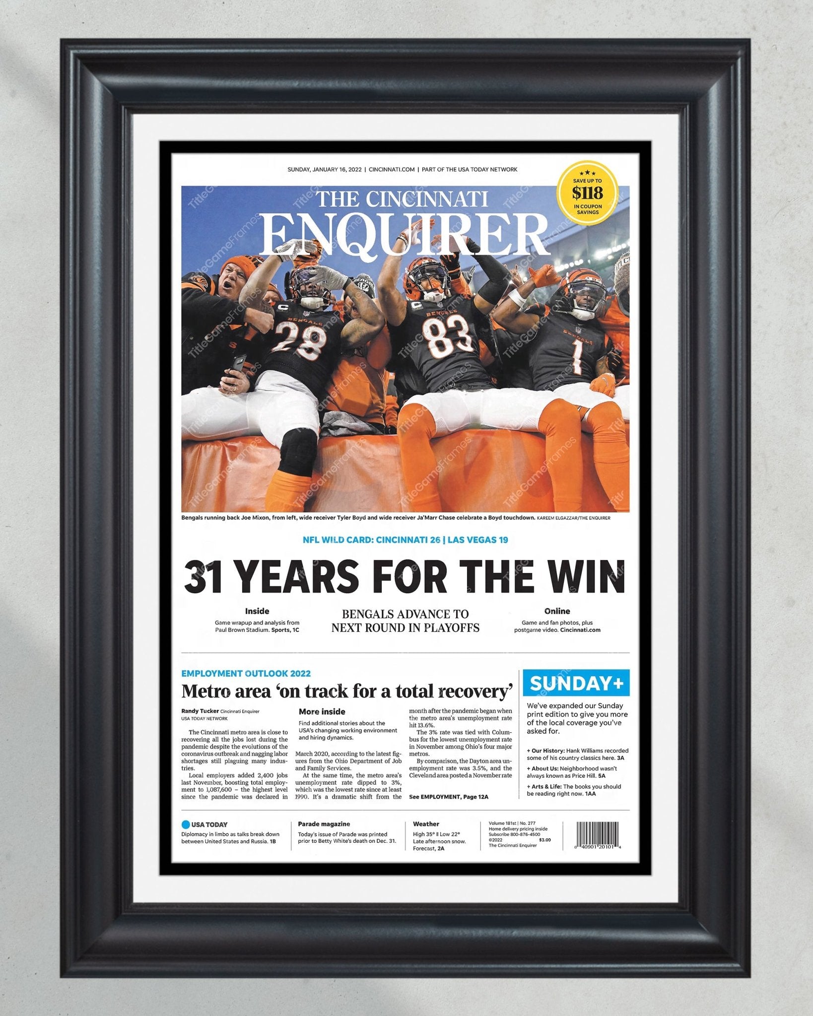 2022 Cincinnati Bengals “31 Years” AFC Wild Card Game Framed Front Page Newspaper - Title Game Frames