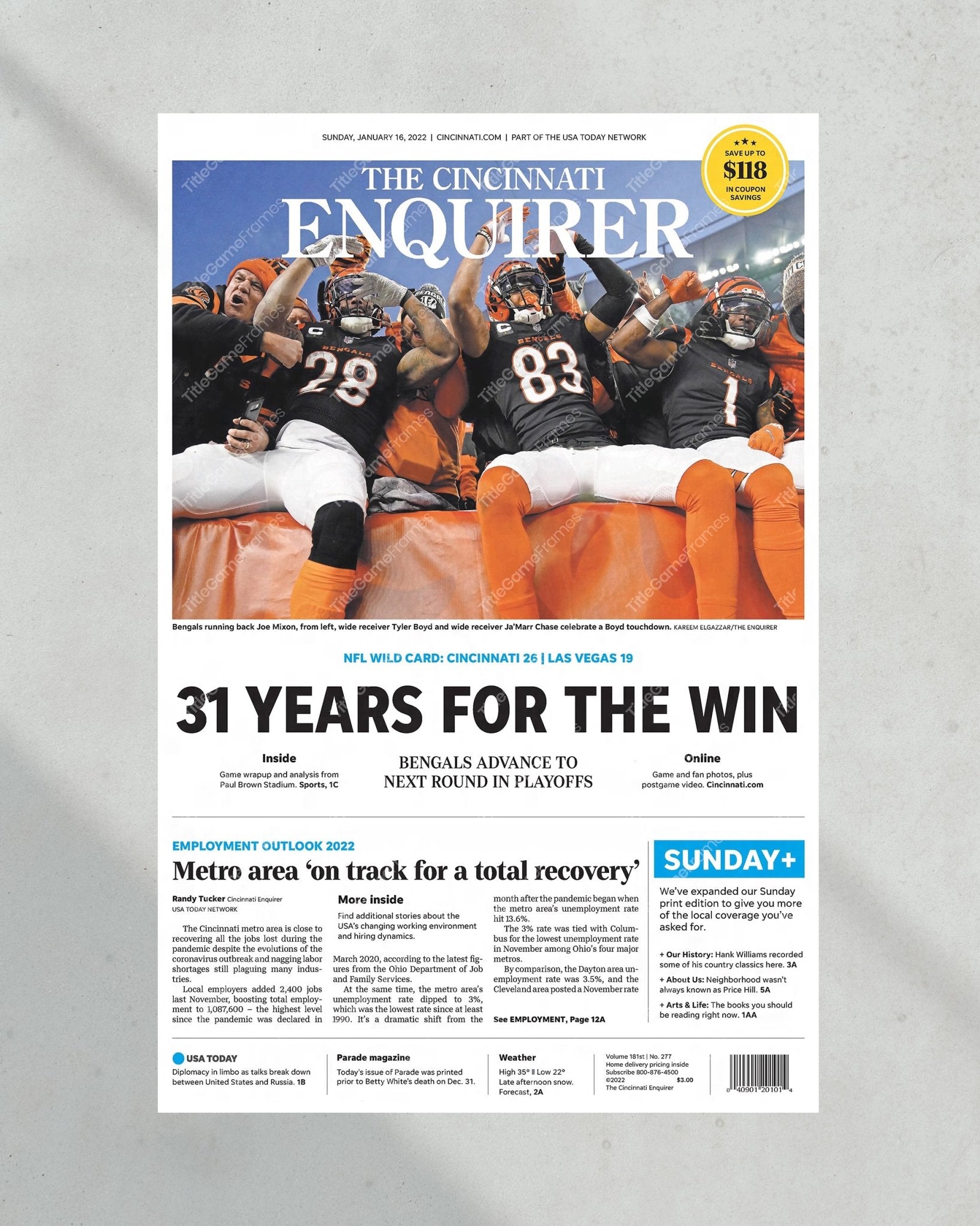 2022 Cincinnati Bengals “31 Years” AFC Wild Card Game Framed Front Page Newspaper - Title Game Frames