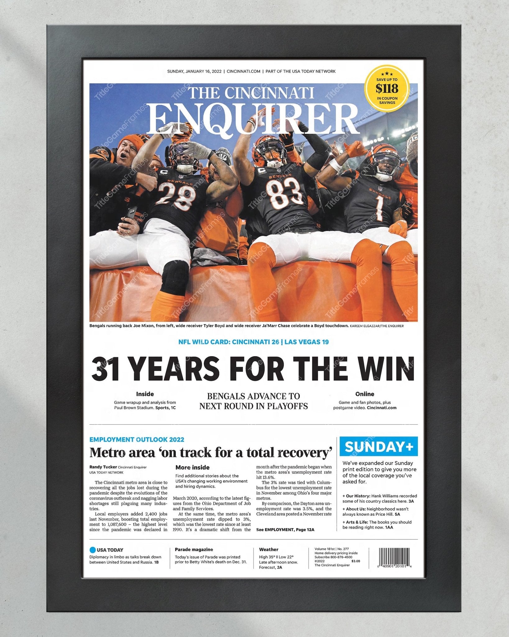 2022 Cincinnati Bengals “31 Years” AFC Wild Card Game Framed Front Page Newspaper - Title Game Frames