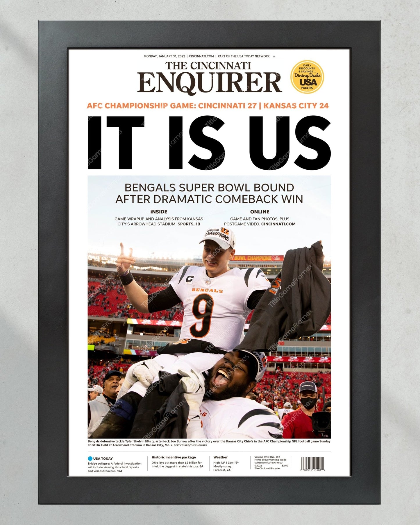 2022 Cincinnati Bengals “It Is Us” AFC Championship Game Framed Front Page Newspaper Print - Title Game Frames