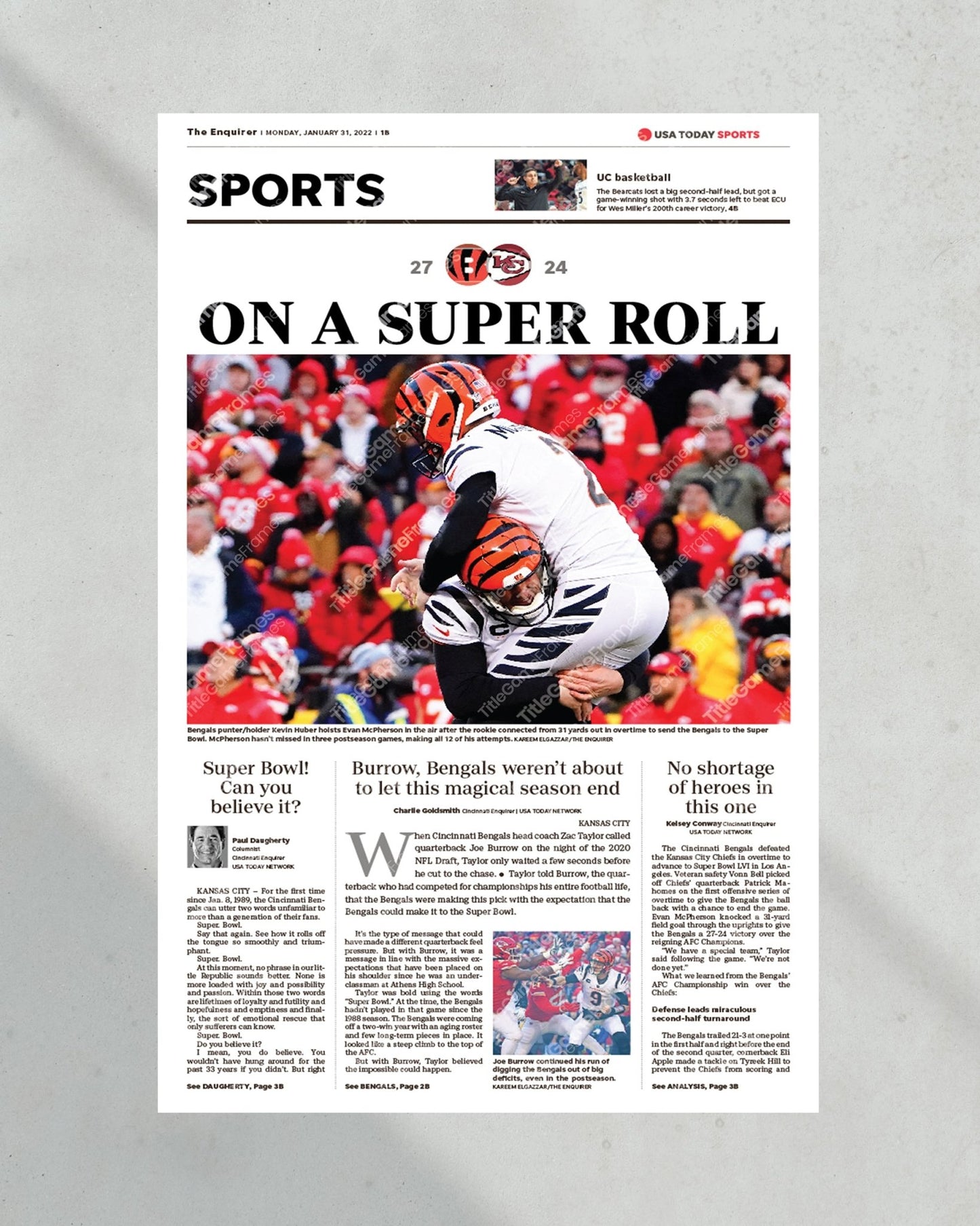 2022 Cincinnati Bengals “On A Super Roll” AFC Championship Framed Front Page Newspaper Print - Title Game Frames